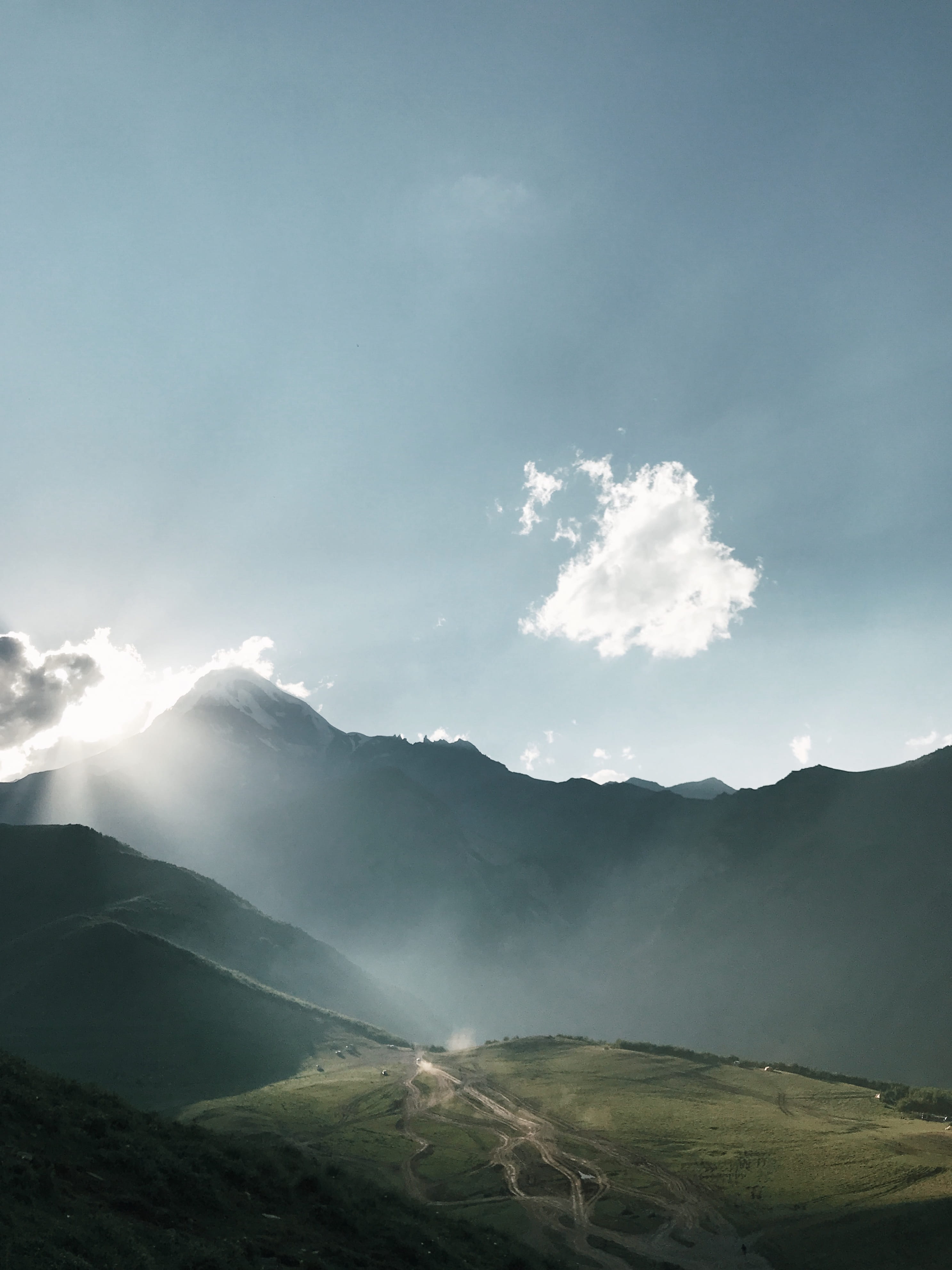 mountain Range, beauty In Nature, fog, no People, sun, weather, cloudscape, environment, sunshine, green, clear, road, foggy, sun ray, green Color, outdoors, Phone HD Wallpaper