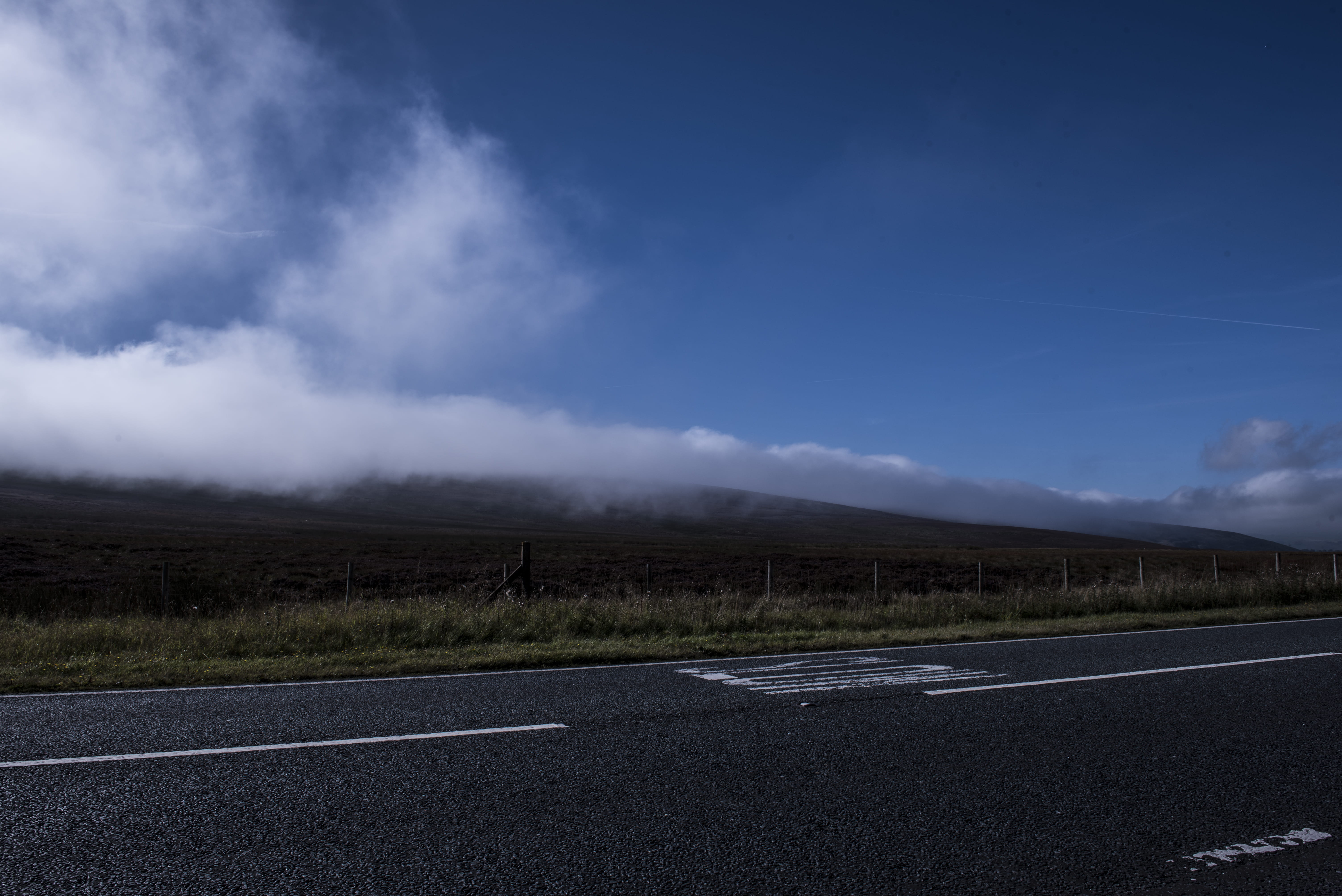 the way forward, outdoors, tranquility, fog, cloud - sky, scenics - nature, marking, symbol, beauty in nature, landscape, nature, direction, road, 5K, HD Wallpaper