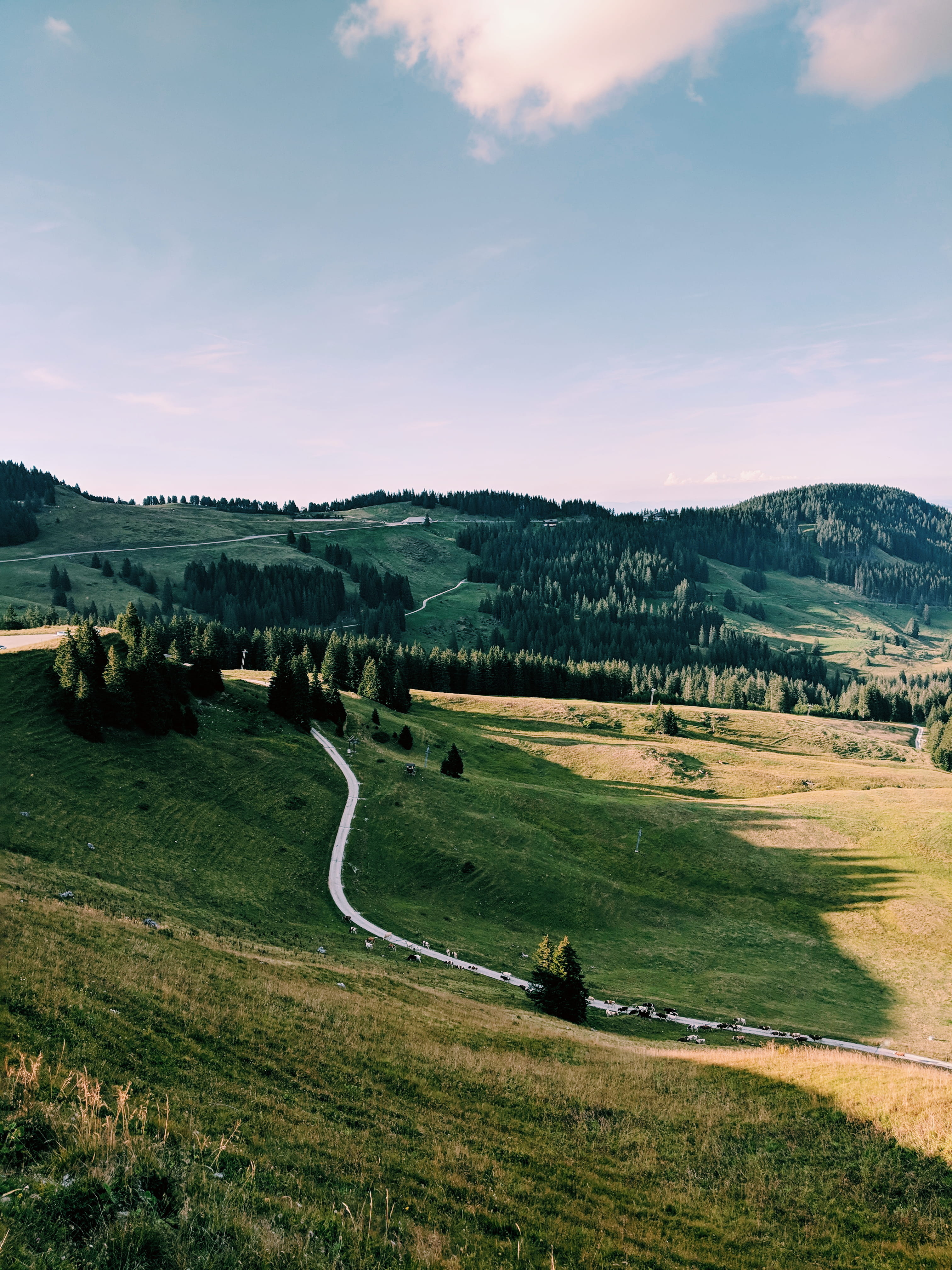 green, agriculture, springtime, farm, travel, autumn, curved, blue, sunlight, path, cloud - Sky, pixel 2, landscape, beauty In Nature, european Alps, mountain, Phone HD Wallpaper