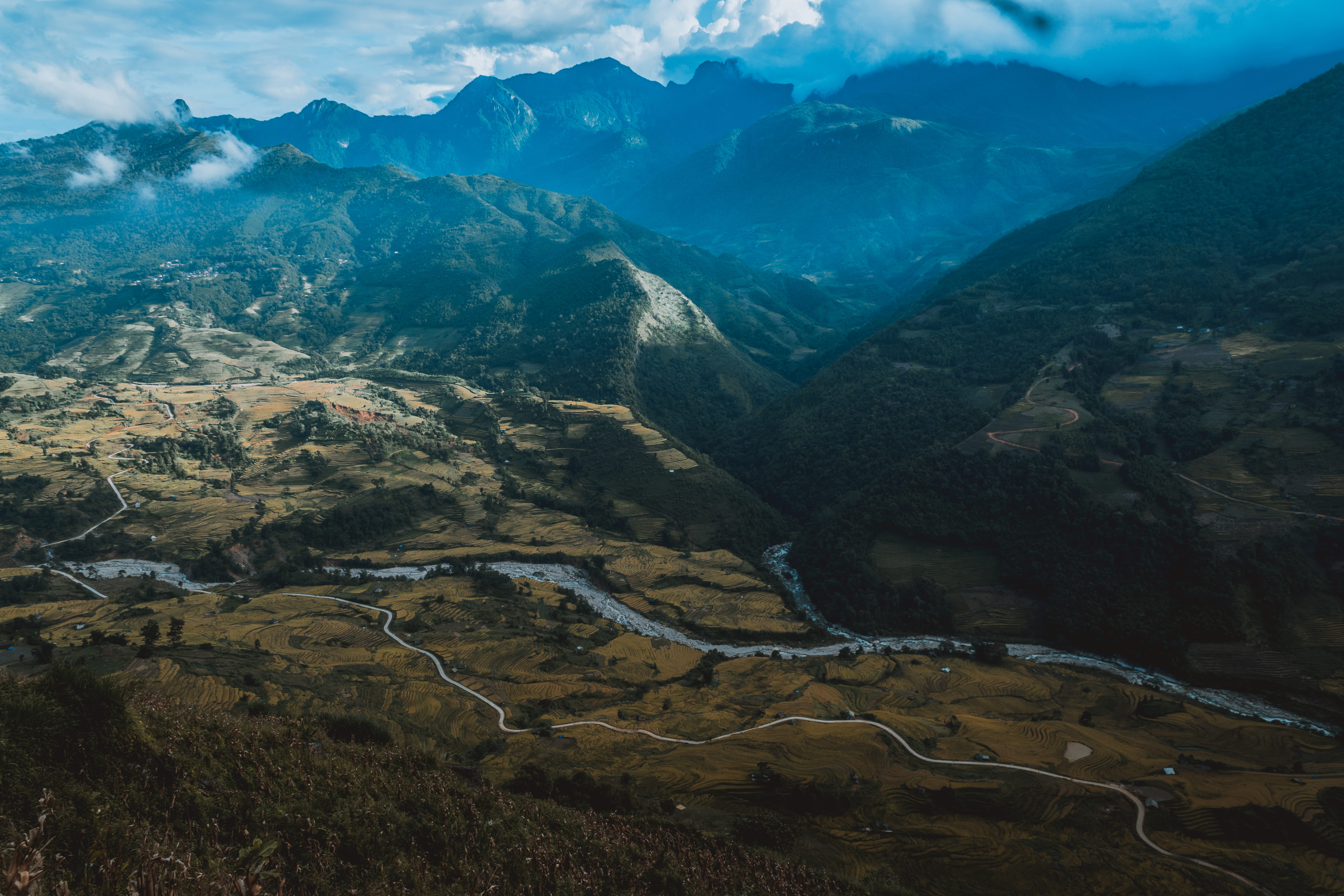 angle, green, river, hillside, countryside, plant, tranquility, non-urban scene, road, view, path, mountain peak, vietnam, environment, idyllic, mounting, HD Wallpaper