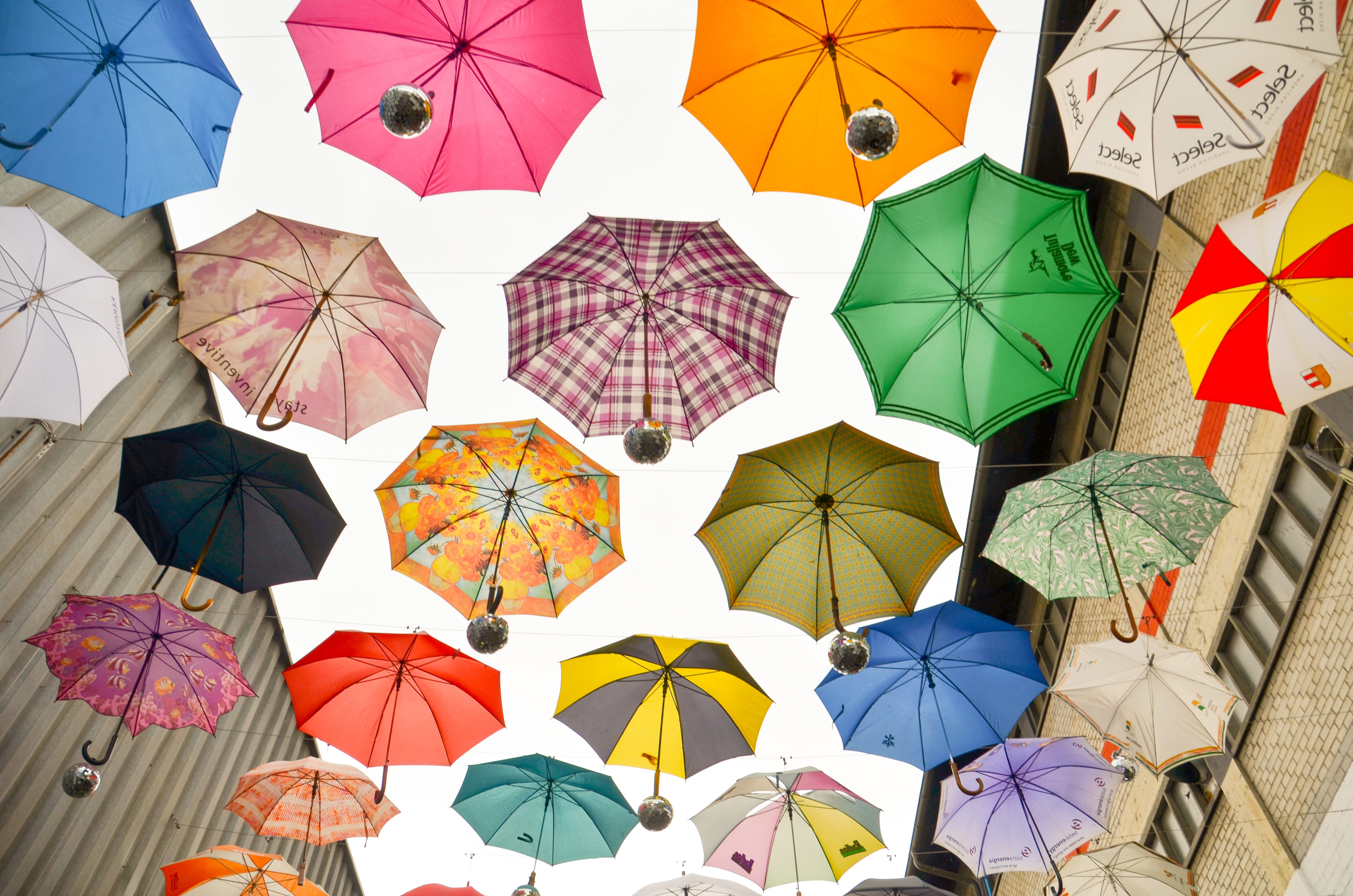 multi colored, rainy weather, color, variation, art installation, april weather, full frame, protection, colorful, outdoors, umbrella, screens, stretched, HD Wallpaper