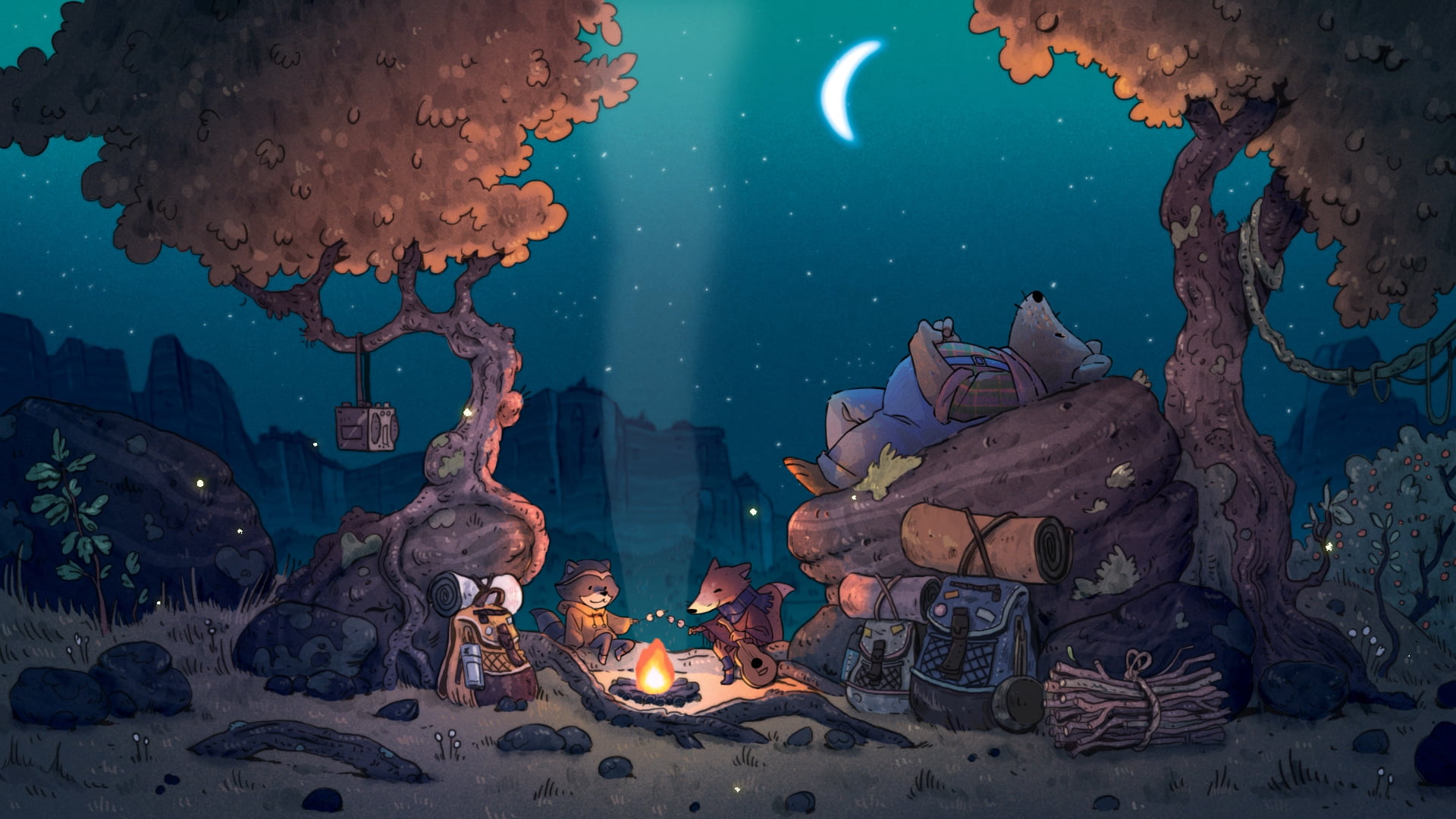 fox, 1080P, marshmallows, sleeping bags, night, bears, radio, raccoons, Tevy Dubray, Jeoffrey Magellan, backpacks, campfire, HD Wallpaper