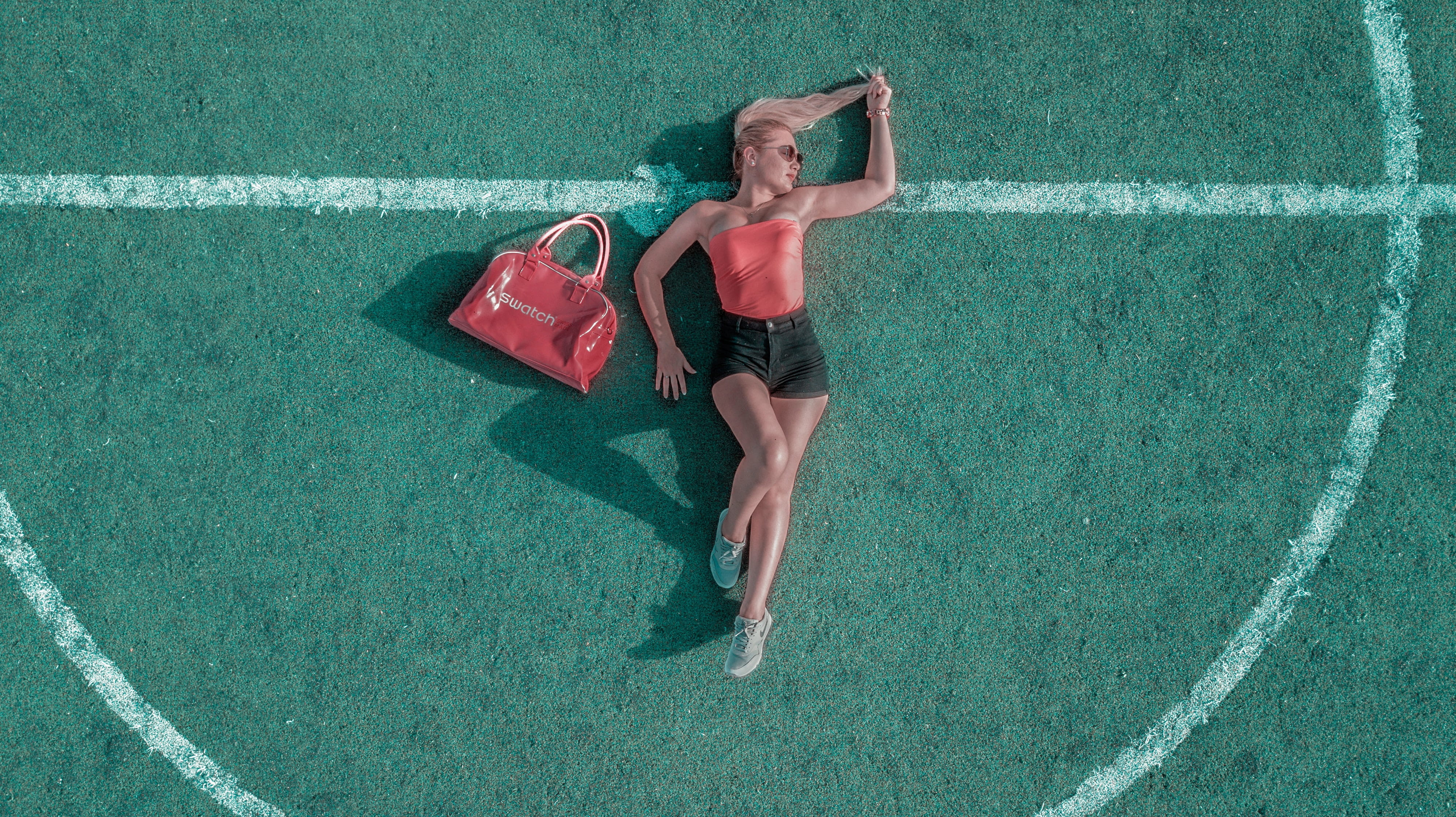 circle, full length, football, human arm, women, attractive, fashion, hairstyle, casual clothing, green color, hair, one person, bag, field, high angle view, HD Wallpaper