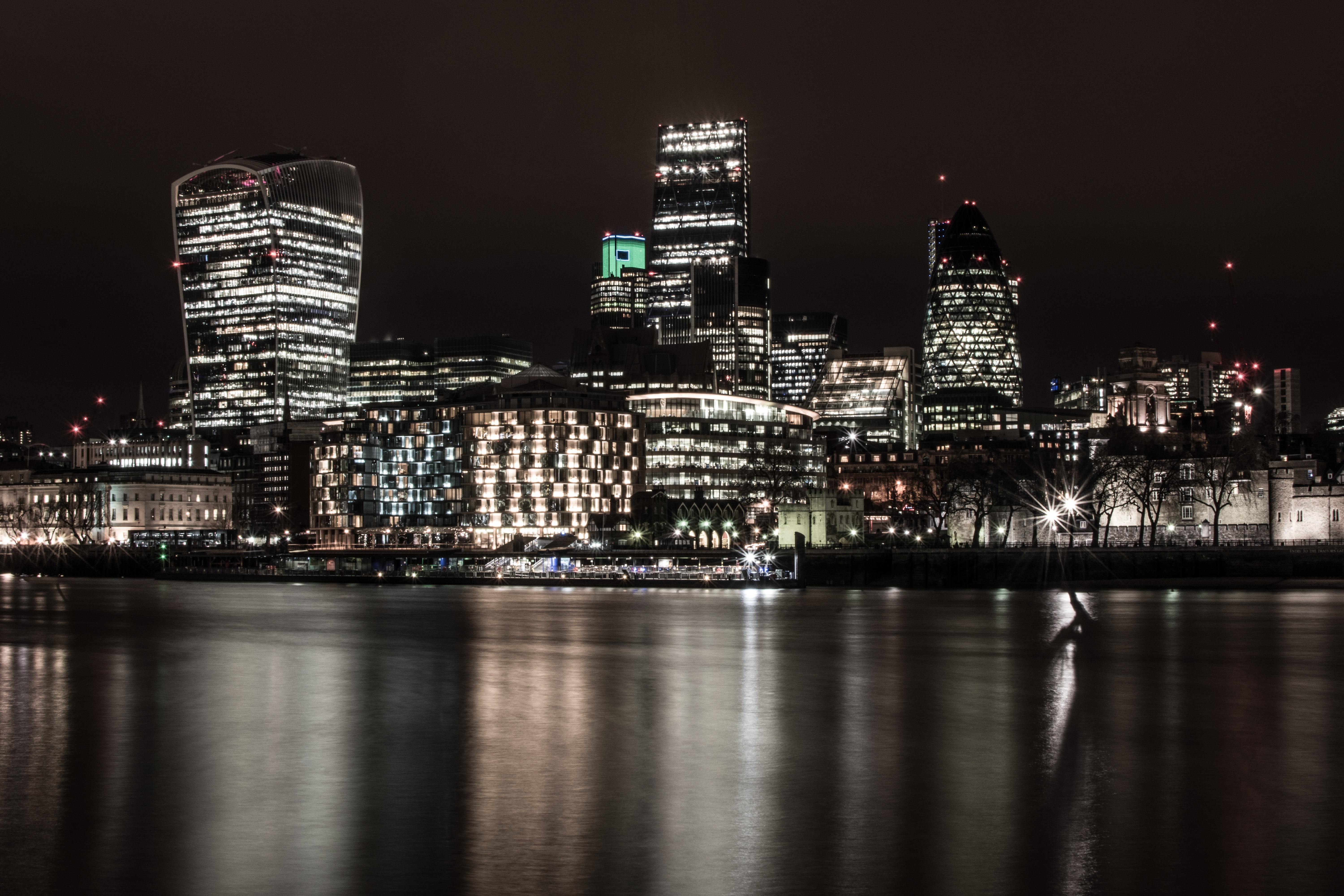 gherkin, landmark, london, landscape, walkie talkie tower, outdoors, financial district, city, illuminated, built structure, waterfront, thames, night, HD Wallpaper