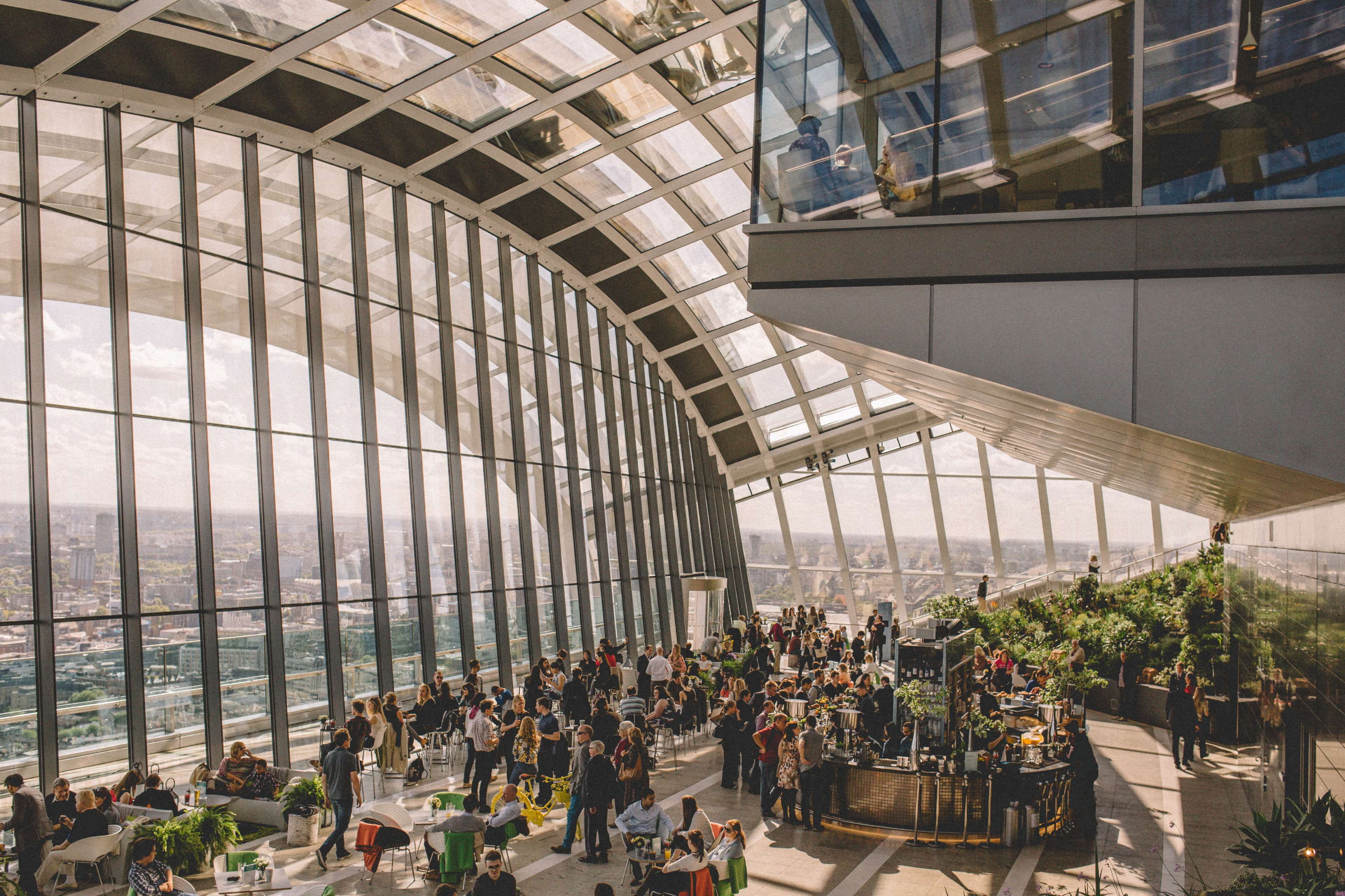 modern, group of people, skyscraper, glass, the walkie talkie, travel, people dining, ceiling, building, men, steel, city, dome, windows, party, crowd, HD Wallpaper