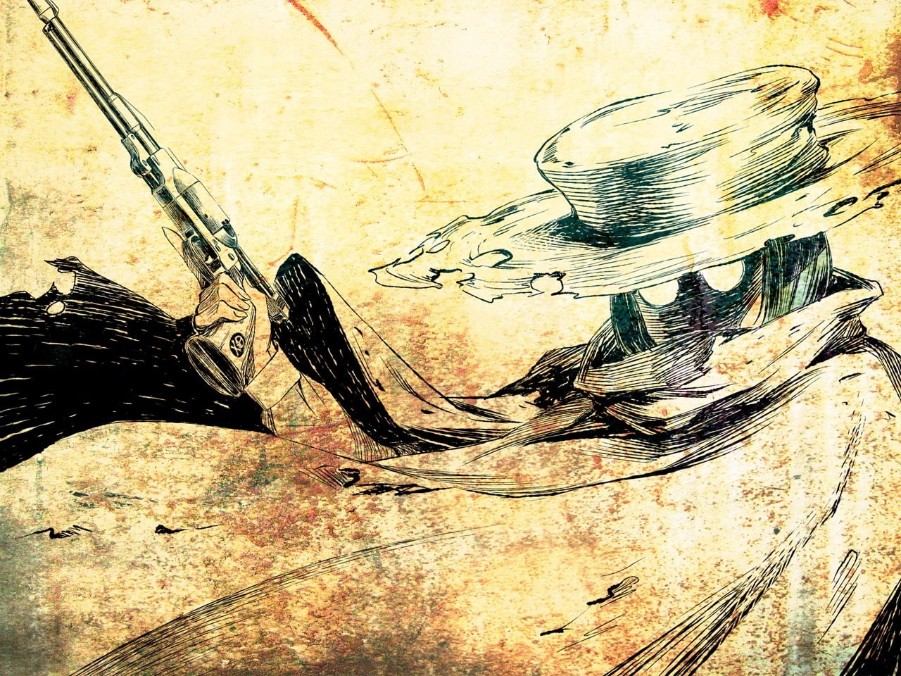 720P, hat, digital/artwork, drawing, pistol, hd, HD Wallpaper