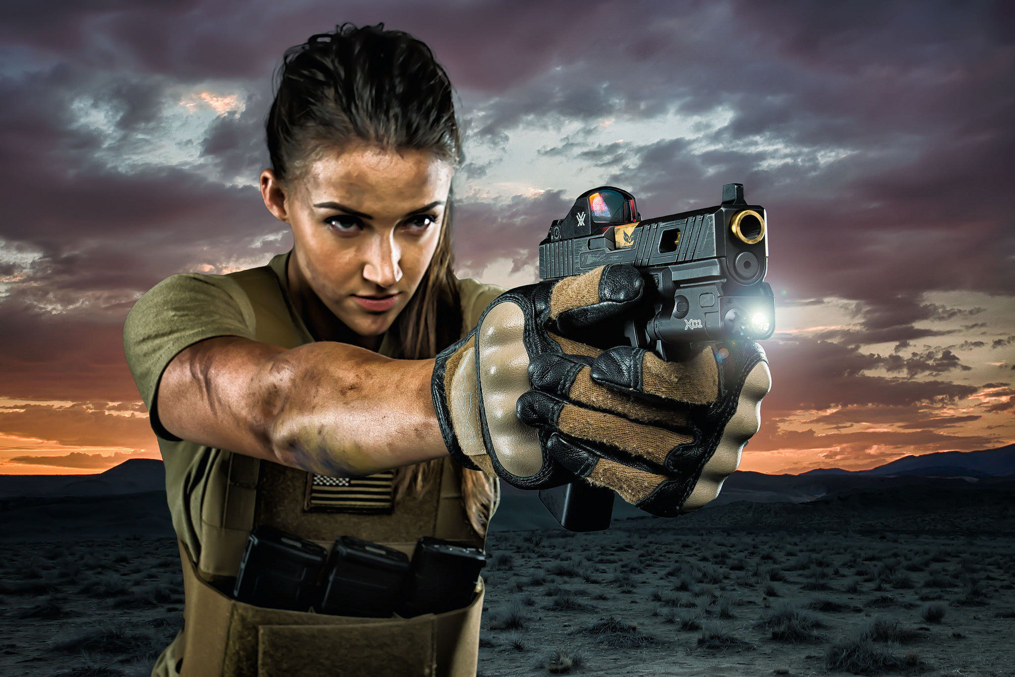 1080P, gun, ray, face, flashlight, weapons, girl, background, HD Wallpaper