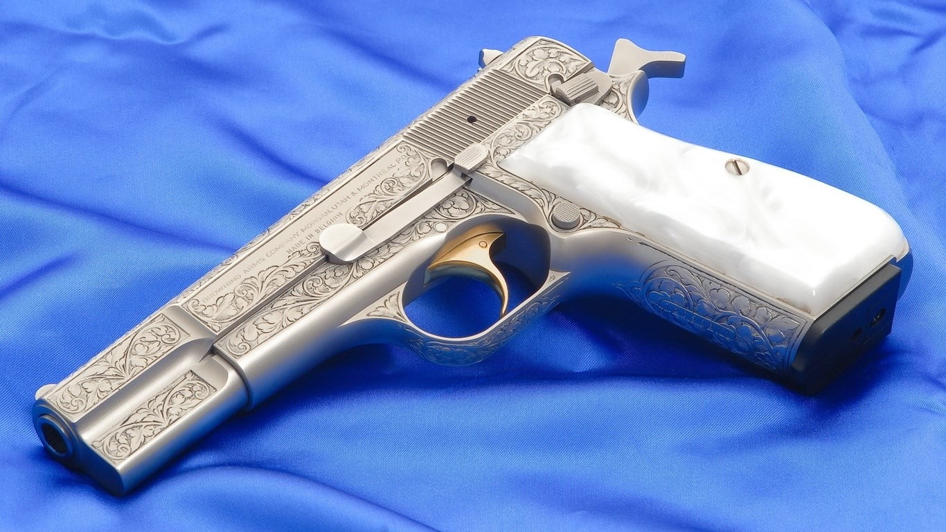 bed, gun, indoors, social issues, no people, security, handgun, 720P, close-up, glasses, high angle view, still life, browning pistol, blue, personal accessory, HD Wallpaper