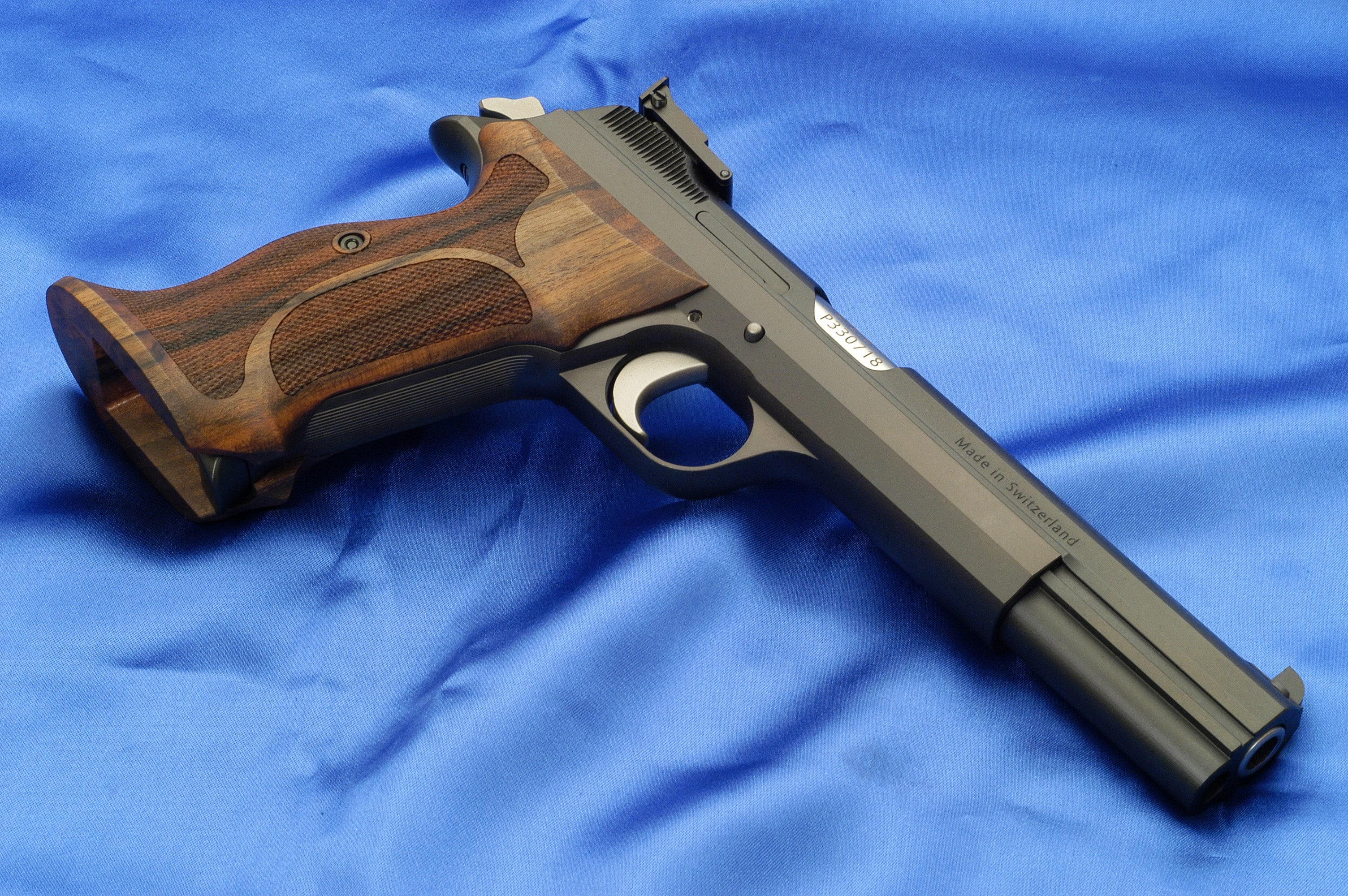 no people, textile, two objects, safety, aggression, blue, warning sign, still life, handgun, sign, sig sauer p210 pistol, social issues, 2K, gun, close-up, HD Wallpaper
