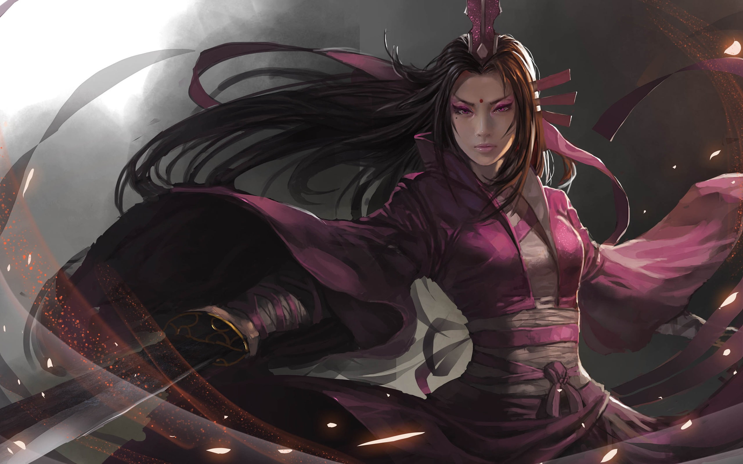 female, animated, character, Sword, Asian, Art, haired, Girl, Clothes, 2K, Purple, Fantasy, dressed, HD Wallpaper