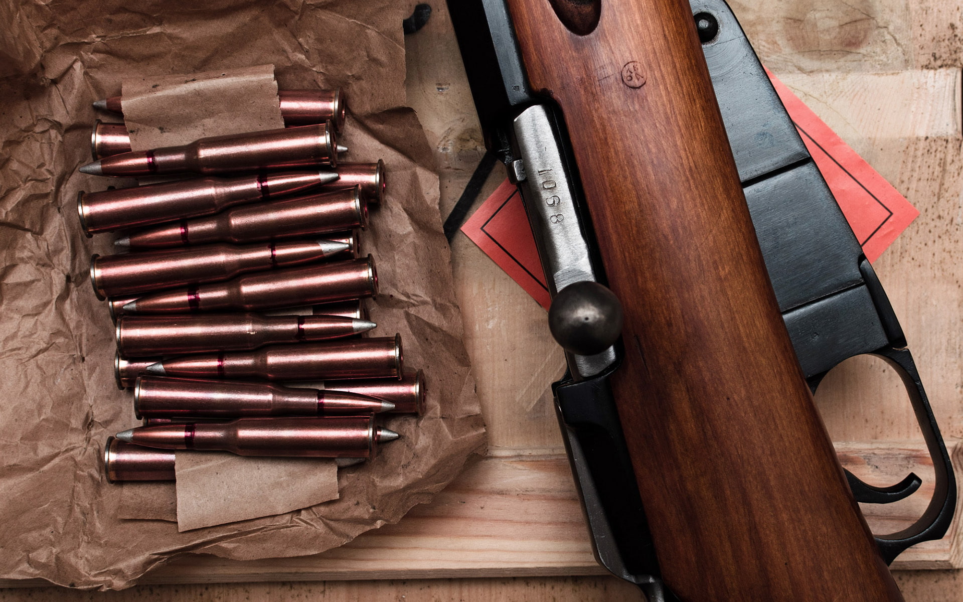 indoors, carpentry, 1080P, gun, music, hand tool, directly above, high angle view, equipment, cartridges, brown, rifle, table, hammer, chisel, old, weapon, HD Wallpaper