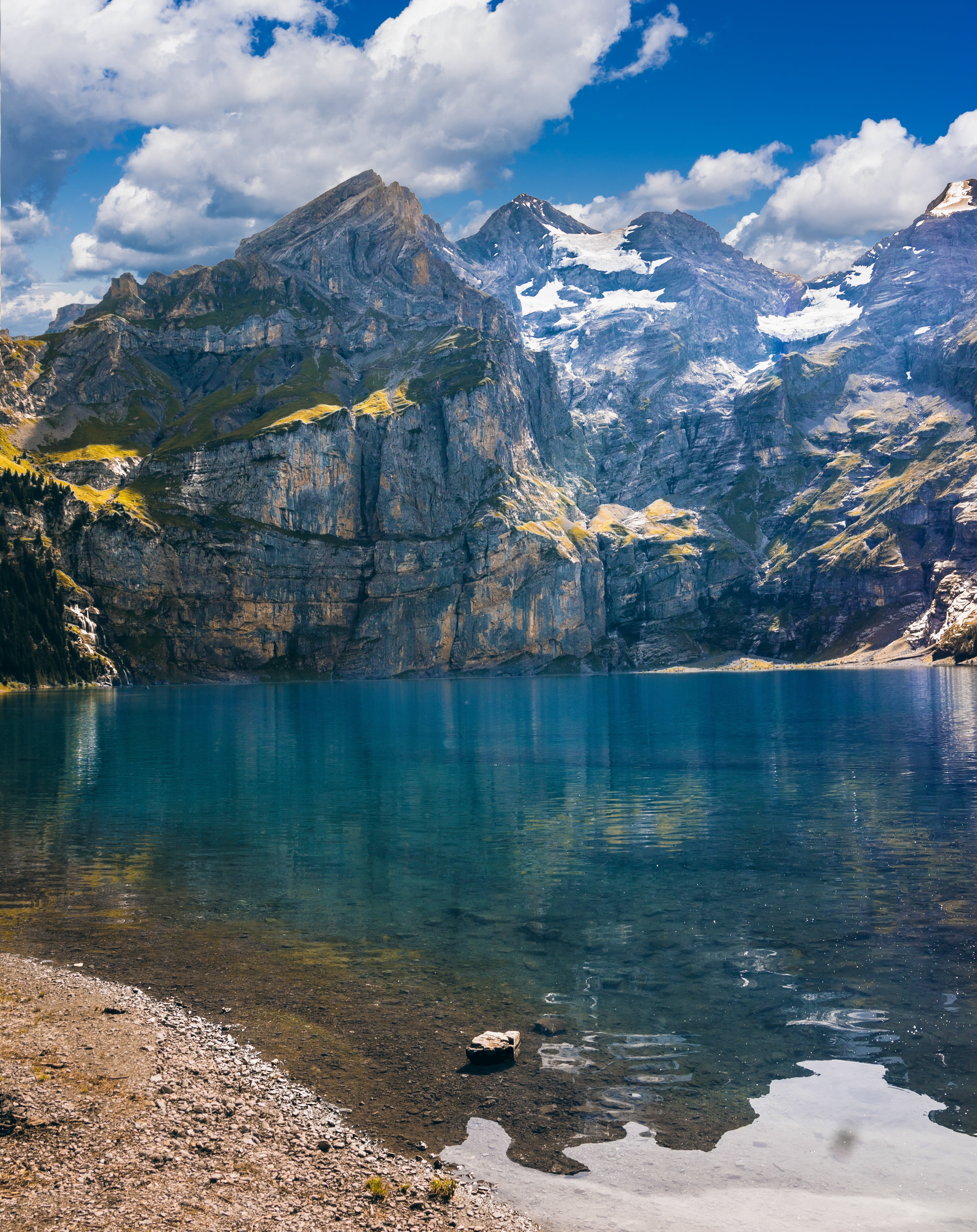 snow, outdoors, day, sky, formation, evening sky, abendstimmung, mountain peak, landscape, rock, scenics, bank, kandersteg, mirroring, mountains, lake oeschinen, Phone HD Wallpaper