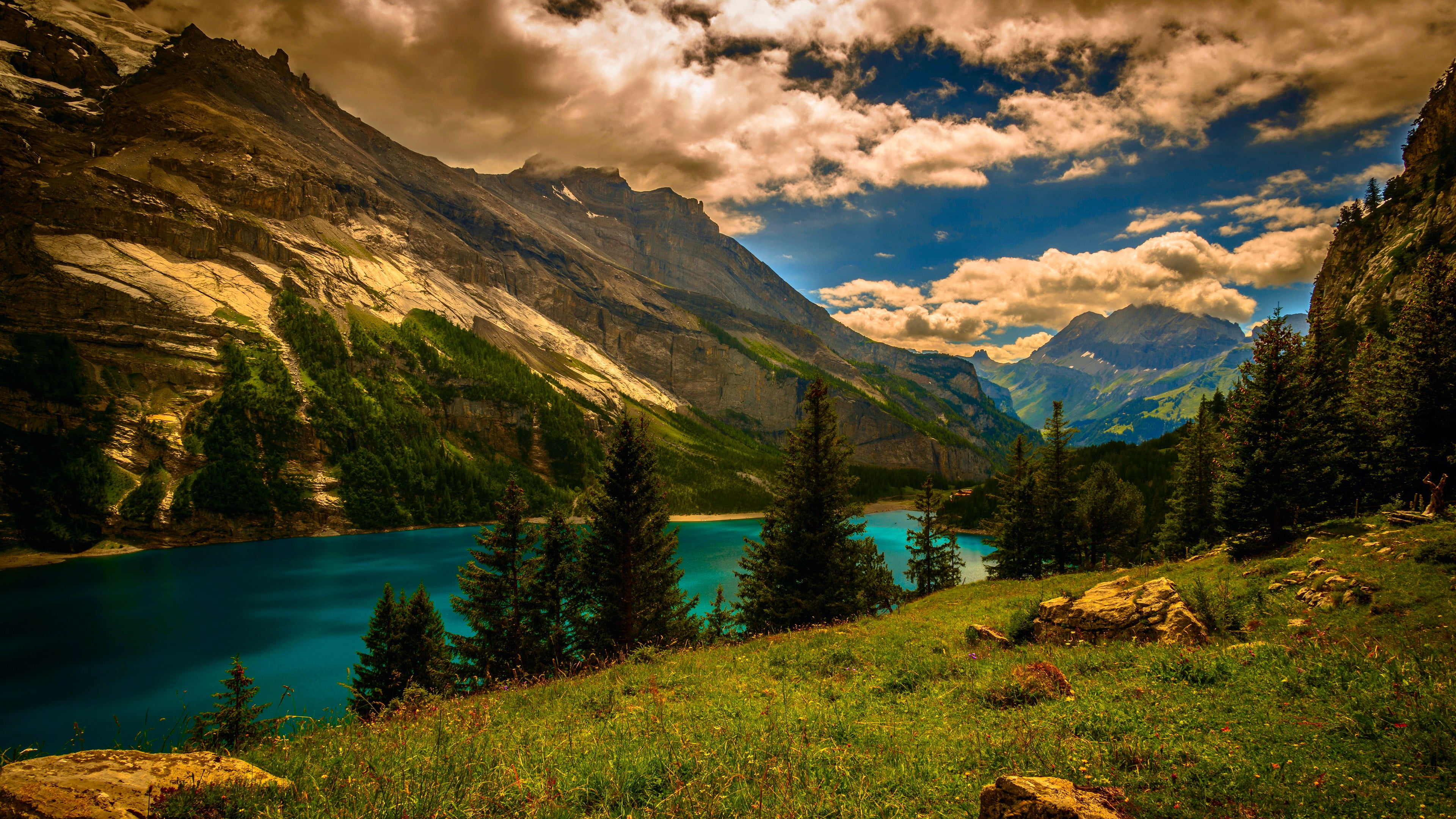 tranquil scene, non-urban scene, coniferous tree, 4K, formation, cloud - sky, mountain range, bank, mountain lake, tranquility, sky, outdoors, tree, plant, HD Wallpaper