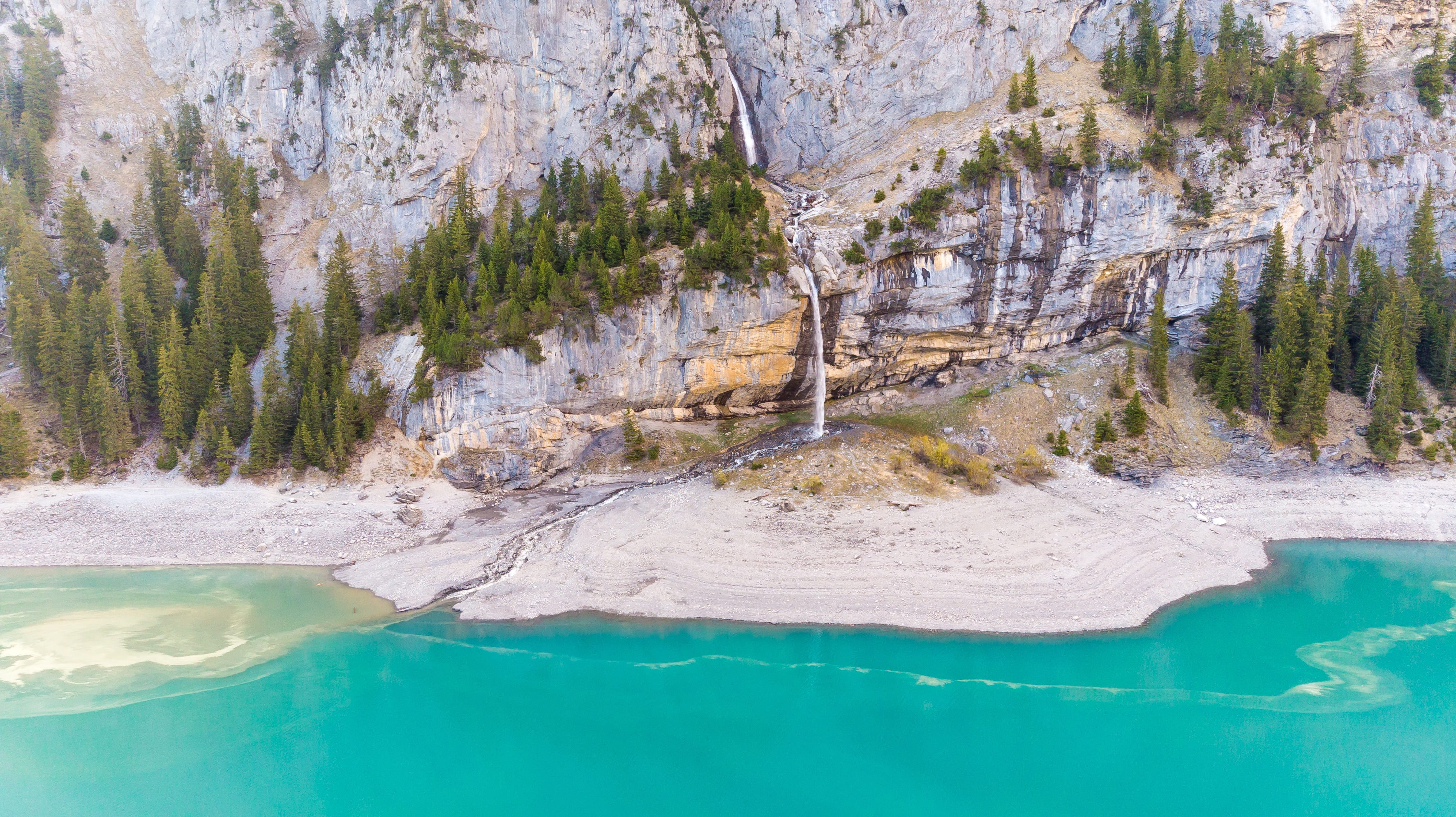 beauty in nature, lake, turquoise colored, coniferous tree, landscape, view, hot spring, green, photography, kandersteg, rock, 4K, top, background, pine woodland, HD Wallpaper