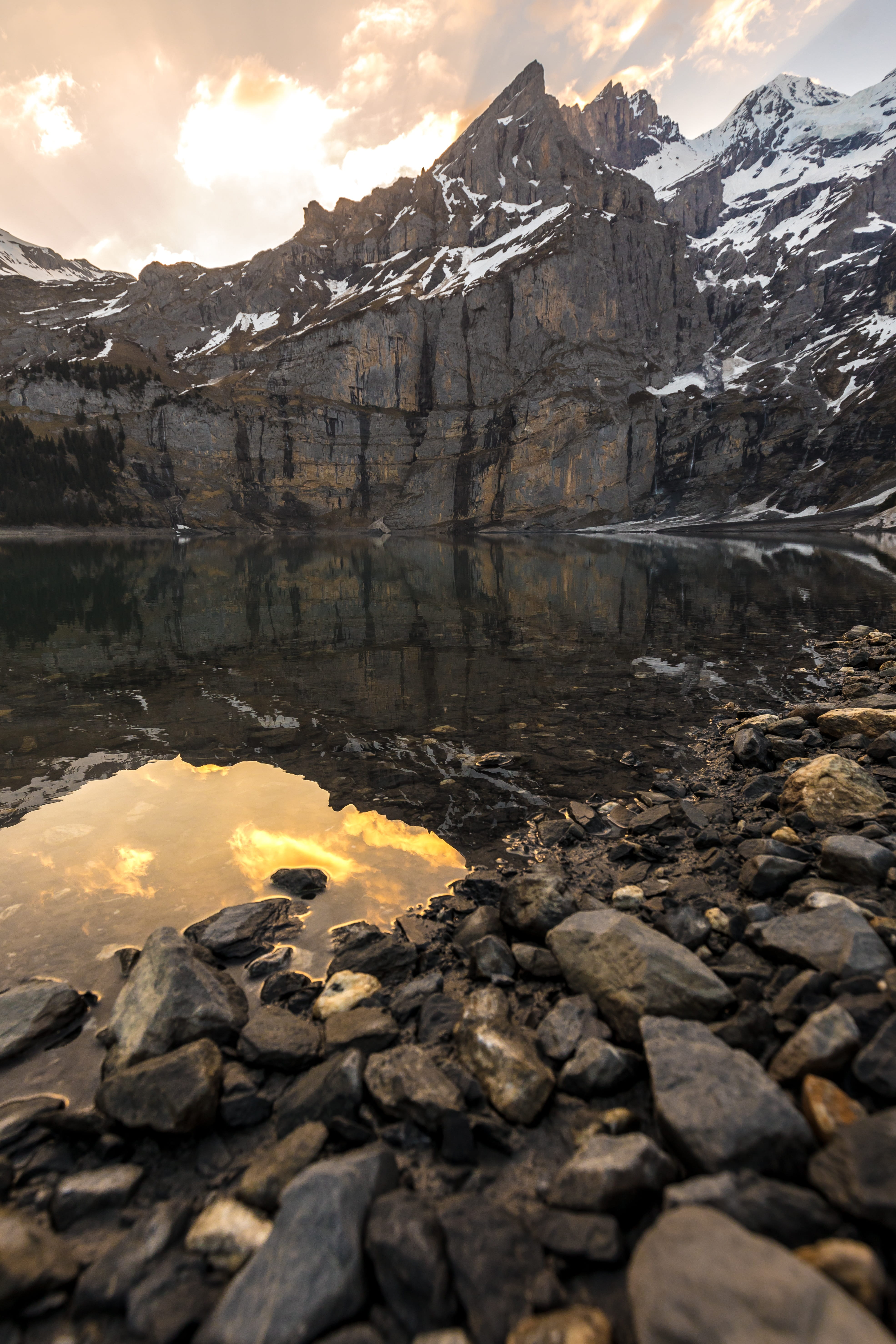 clouds, national, rock - object, tranquil scene, oeschinen, blue, quiet, forest, no people, mountains, sky, 5K, mountain range, background, winter, nature, Phone HD Wallpaper