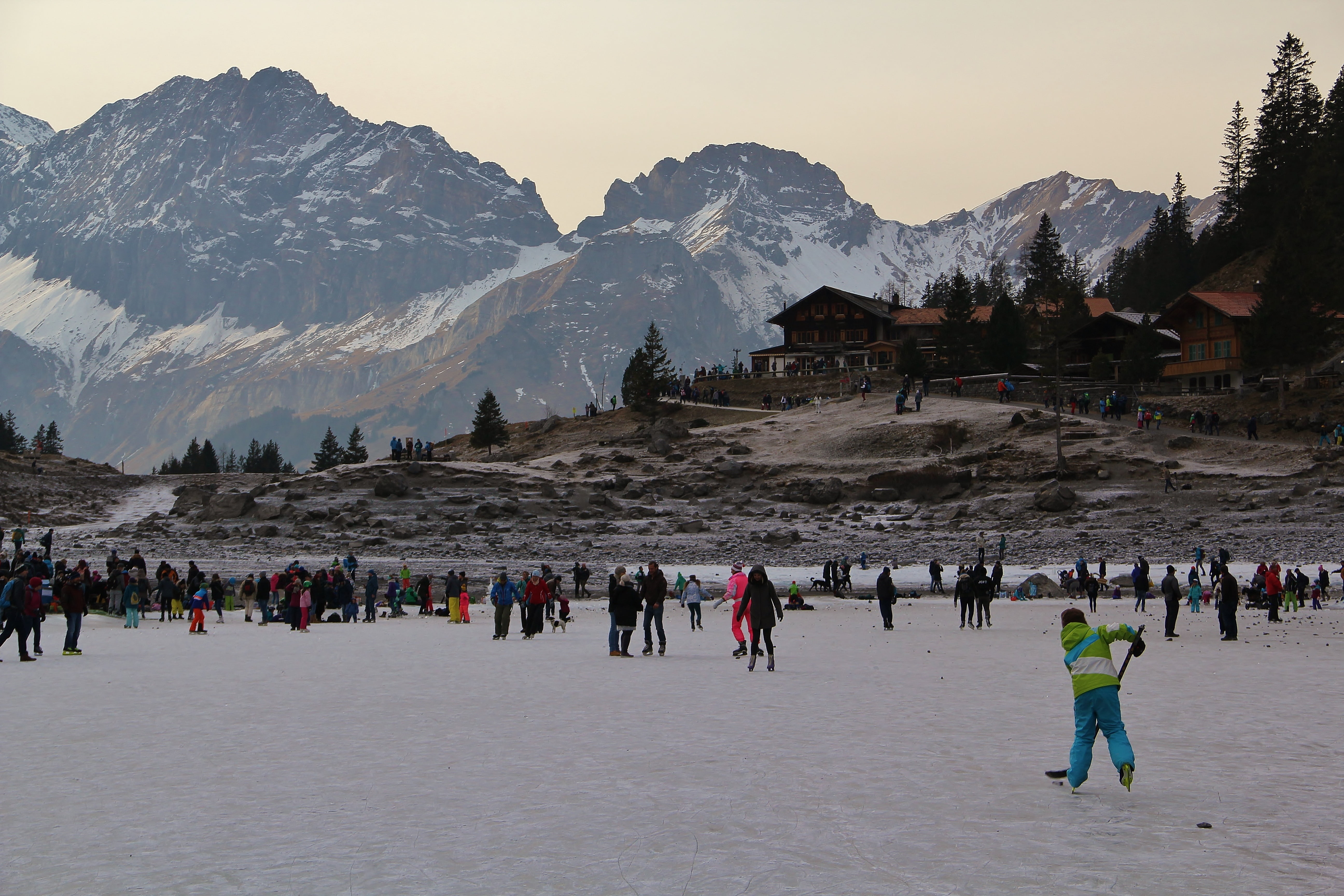 switzerland, large group of people, outdoors, mountains, mountain, travel, real people, skating, landscape, sport, lake, winter, women, bergsee, group of people, HD Wallpaper