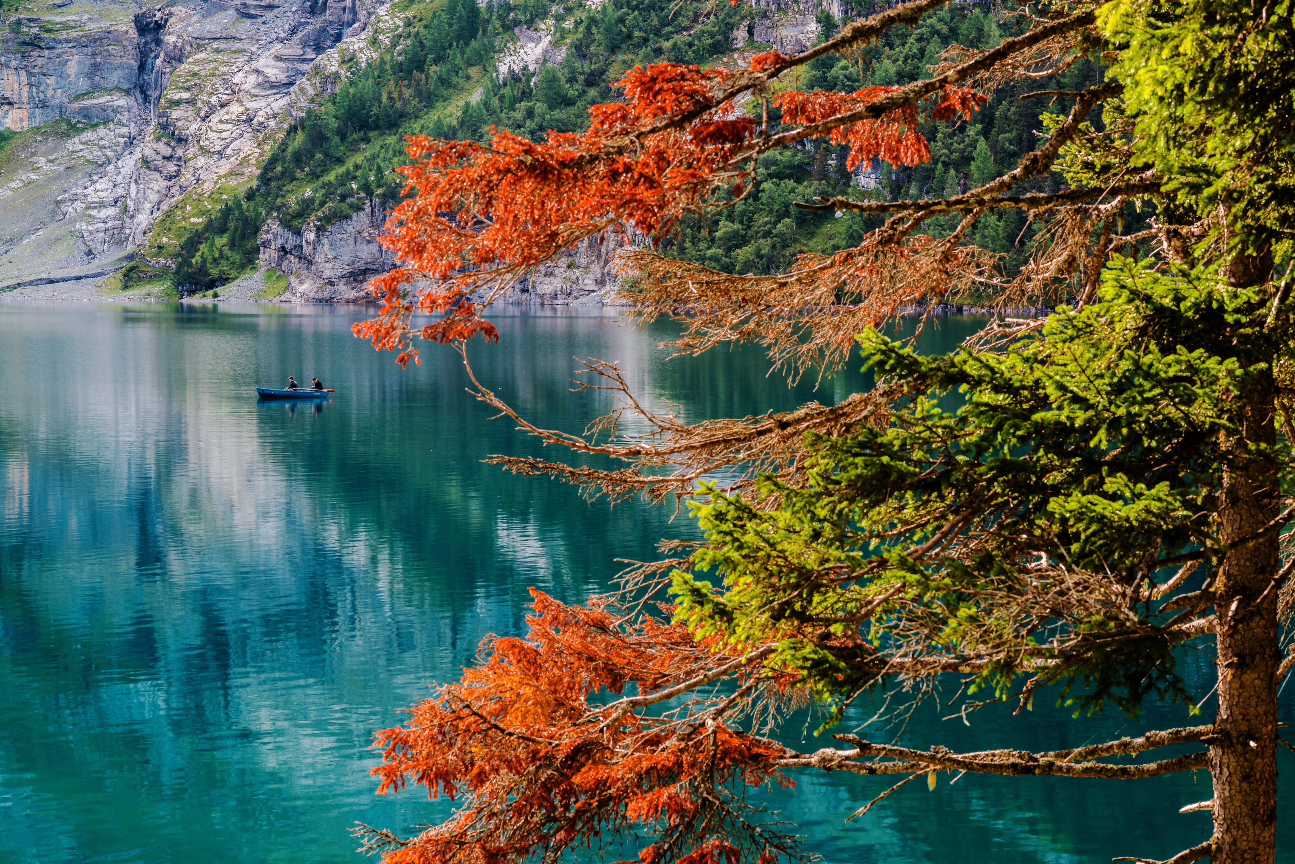 Oeschinen Lake, fishermen, lake Asinense, landscape, scenics - nature, season, The Bernese Oberland, outdoors, 4K, red, travel, pond, water, no People, HD Wallpaper