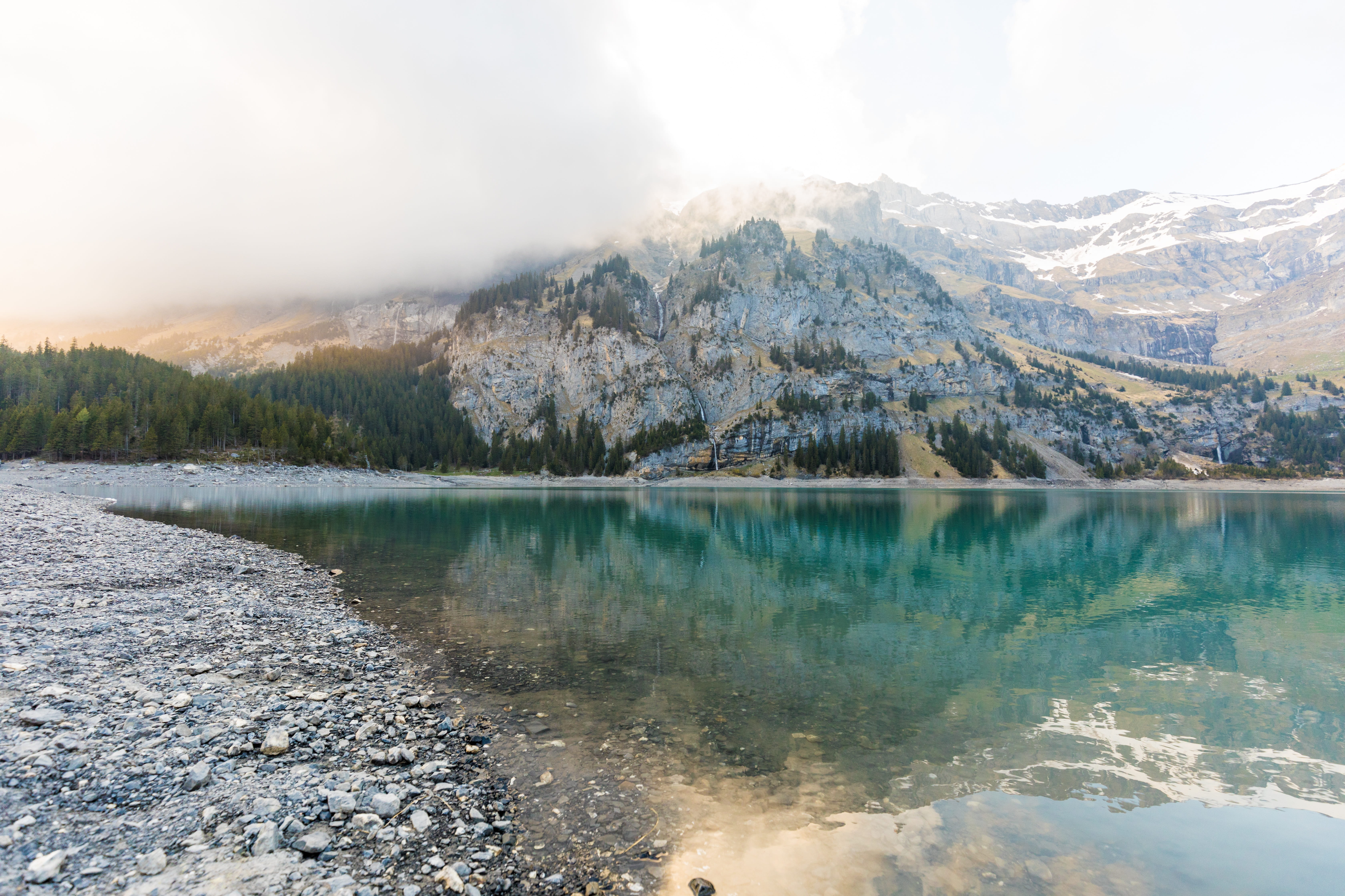 environment, alps, reflection lake, hill, rock, lake, beauty, beautiful, dramatic landscape, outdoors, national, panoramic, pine woodland, 5K, beauty in nature, HD Wallpaper