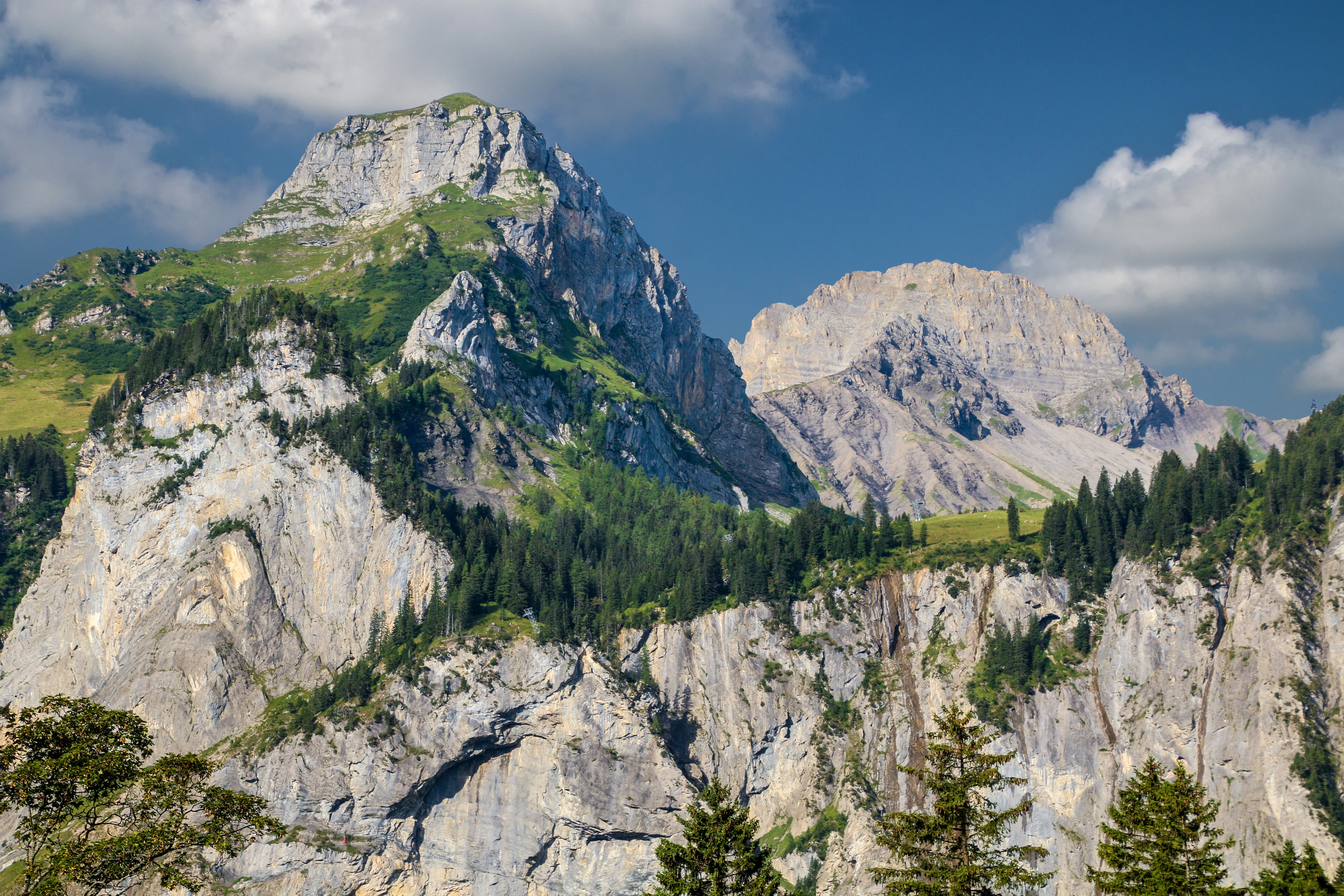 lake oeschinen, tranquil scene, pine woodland, no people, mountain peak, kandersteg, rock - object, land, cloud - sky, rock, switzerland, day, formation, HD Wallpaper