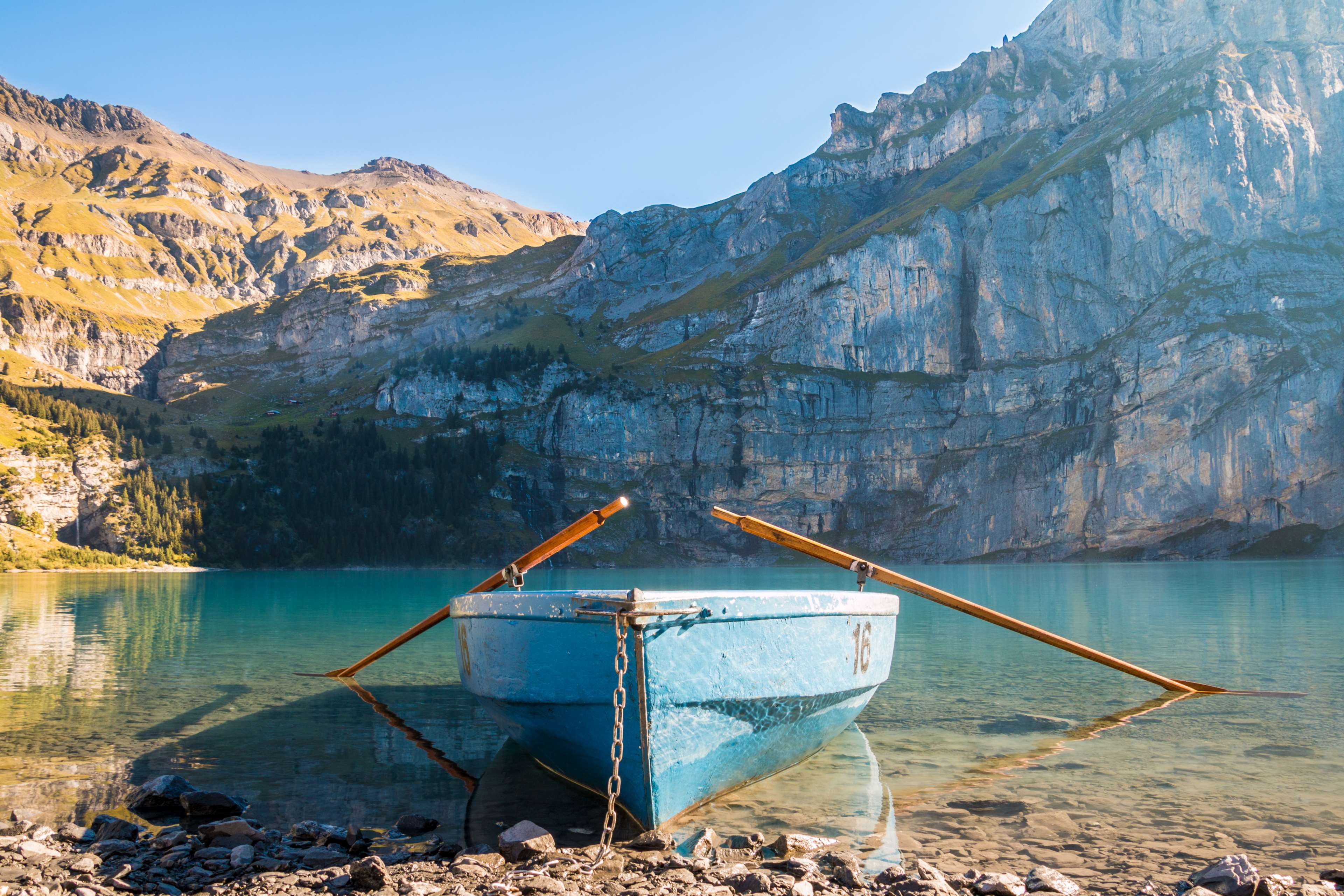 mode of transportation, day, water, scenics - nature, moored, 4K, rock, transportation, non-urban scene, boot, nature, rowboat, lake oeschinen, tranquil scene, HD Wallpaper