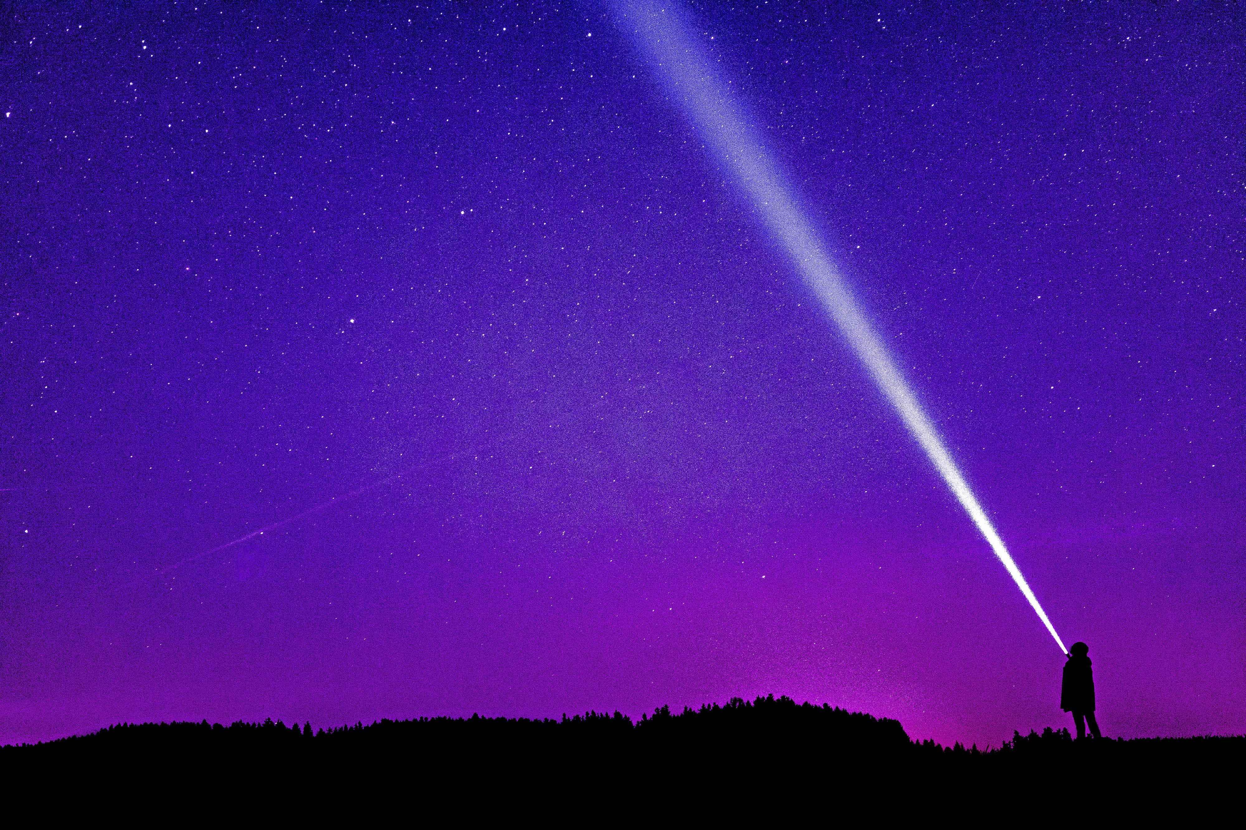 space, 4K, man, illuminated, galaxy, sky, land, stars, star, star - space, purple, nature, flashlight, background, landscapeNature, night, HD Wallpaper