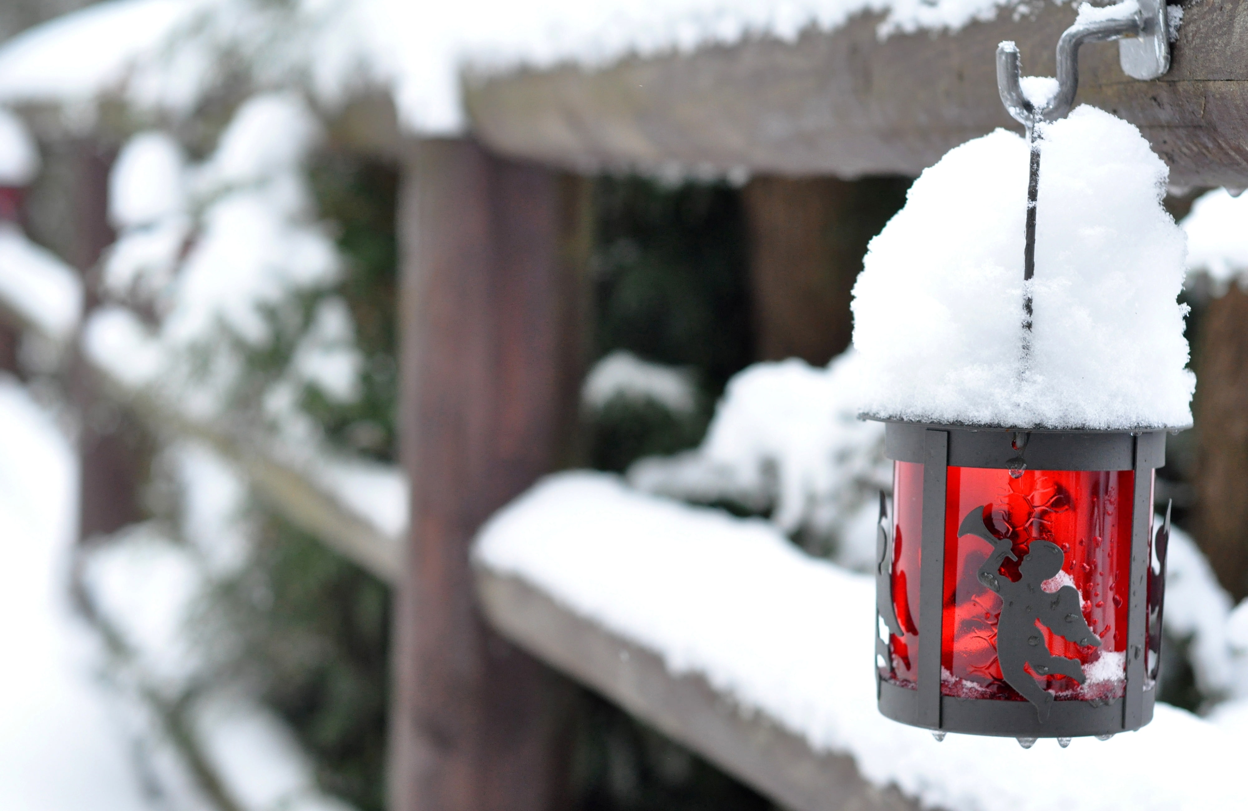 snow, the fence, red, flashlight, lantern, glass, 4K, winter, fence, HD Wallpaper