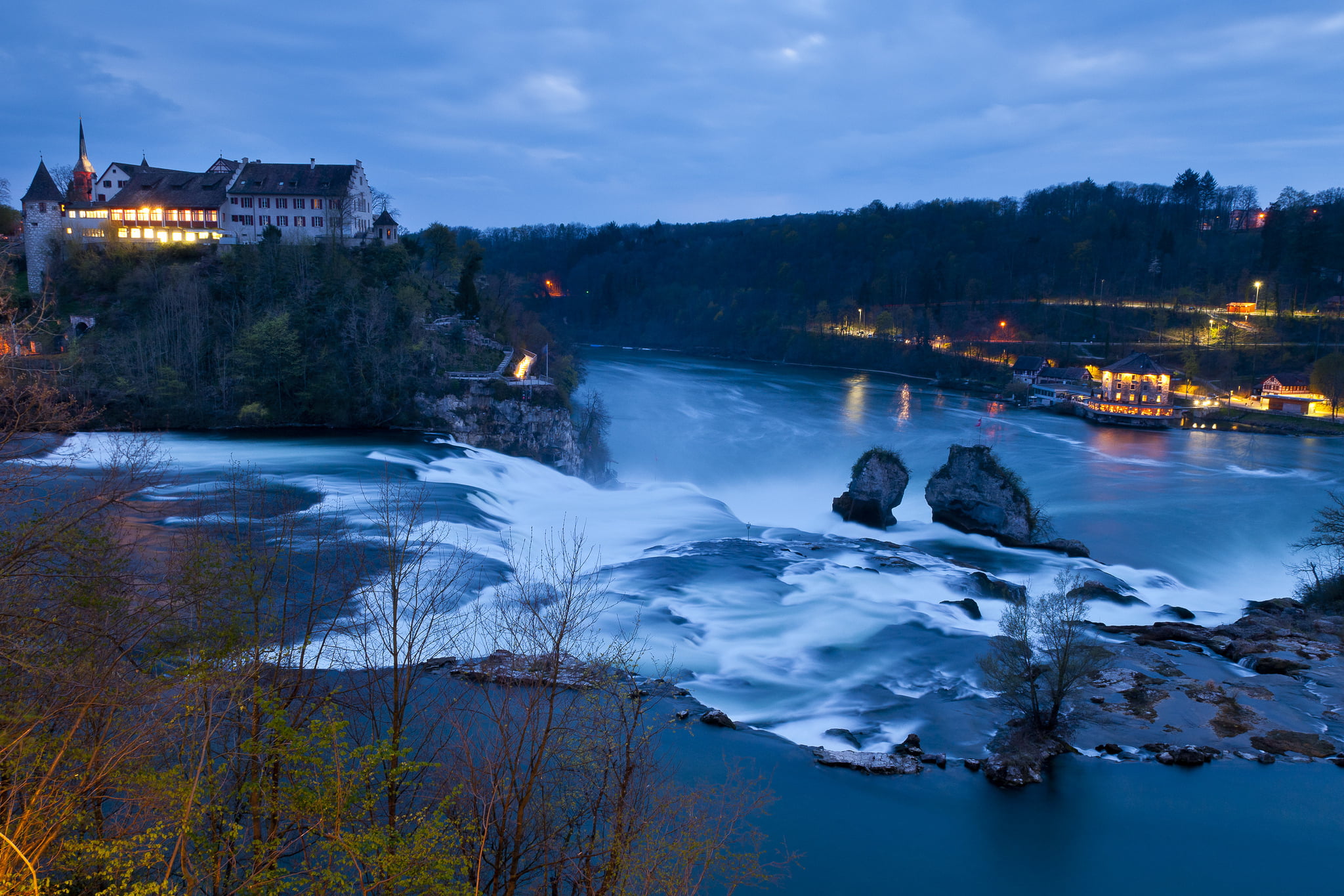 no people, outdoors, flowing water, river, architecture, reflection, Rhine Falls, 1080P, water, Switzerland, scenics - nature, built structure, white, HD Wallpaper