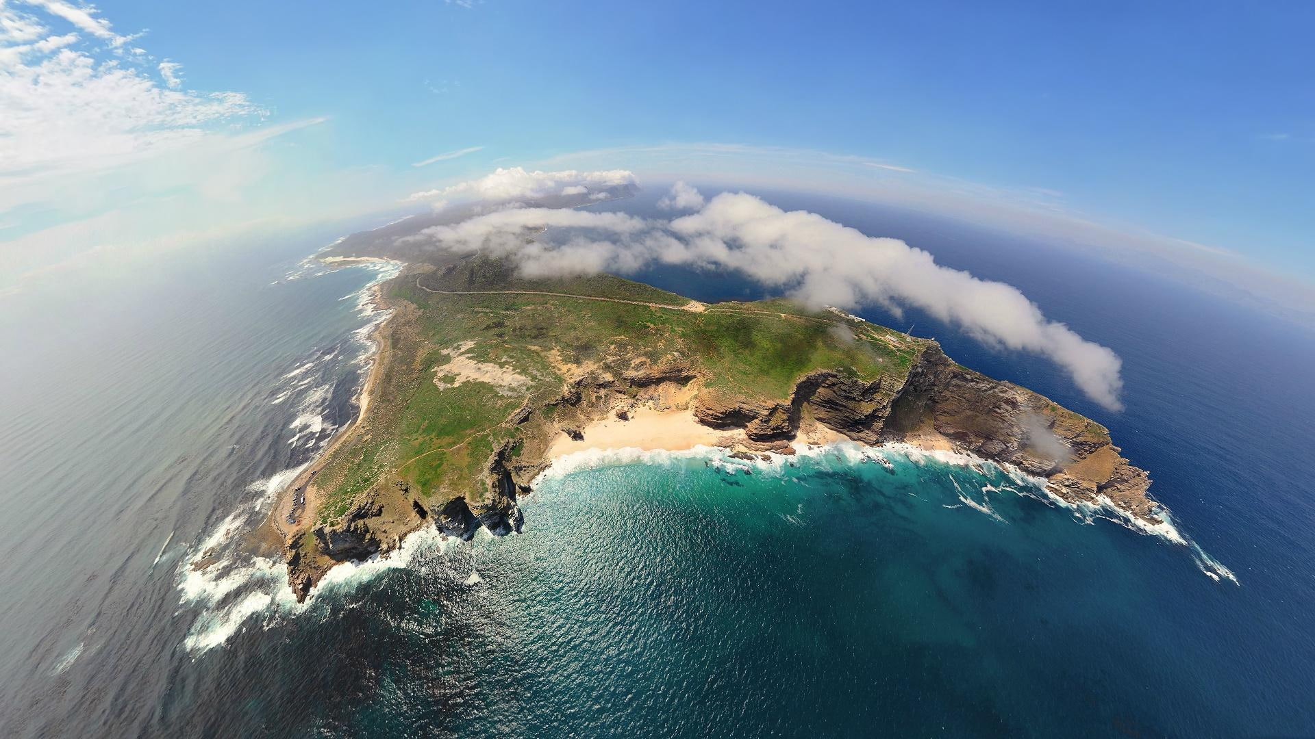 1080P, nature and landscapes, clouds, island, aerial, view, peninsula, fisheye, cape, town, HD Wallpaper