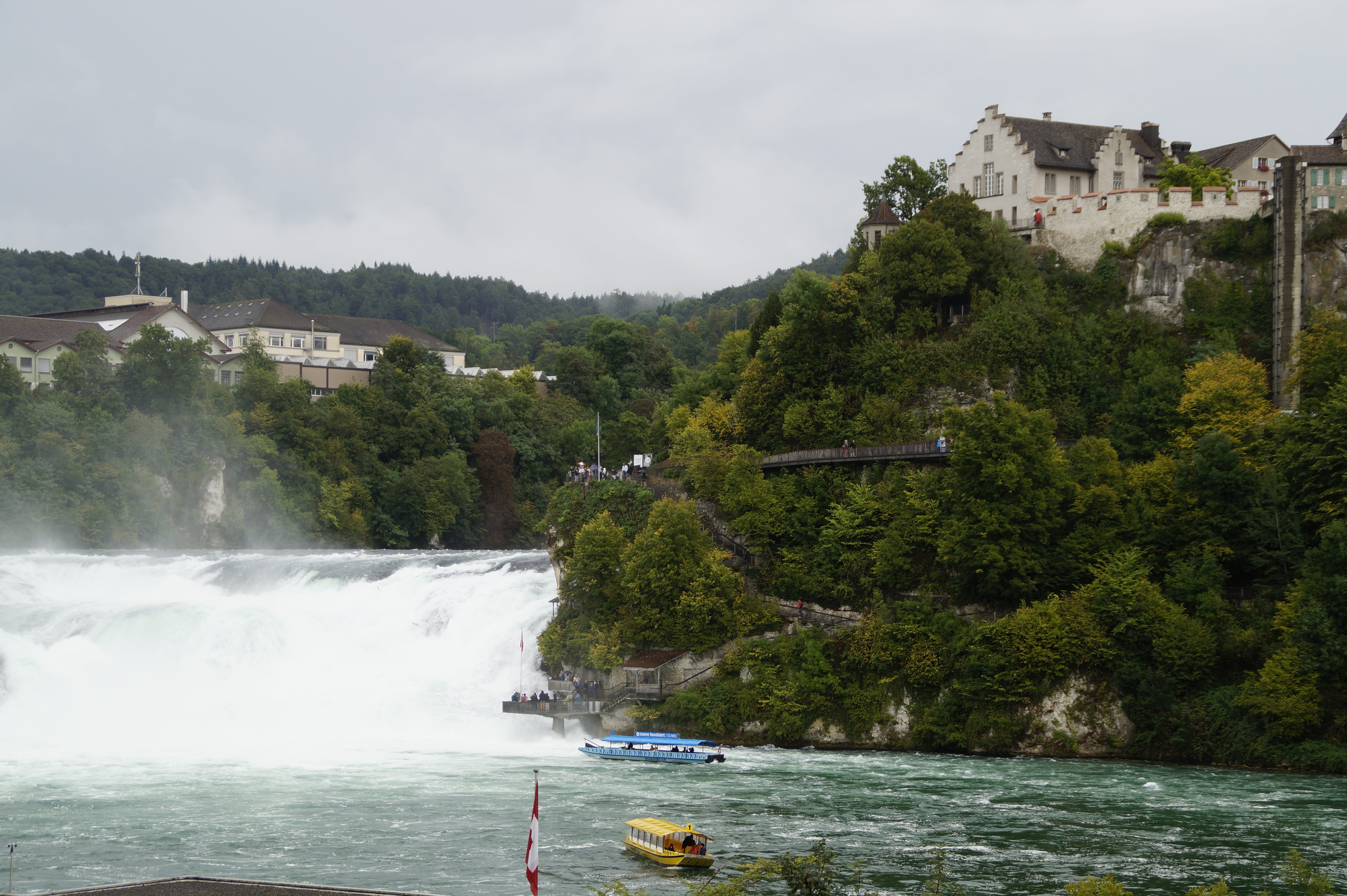 outdoors, rhine, foaming, rhine falls, beauty in nature, flow, motion, water mass, 5K, plant, sky, incidental people, growth, roaring, architecture, tree, HD Wallpaper