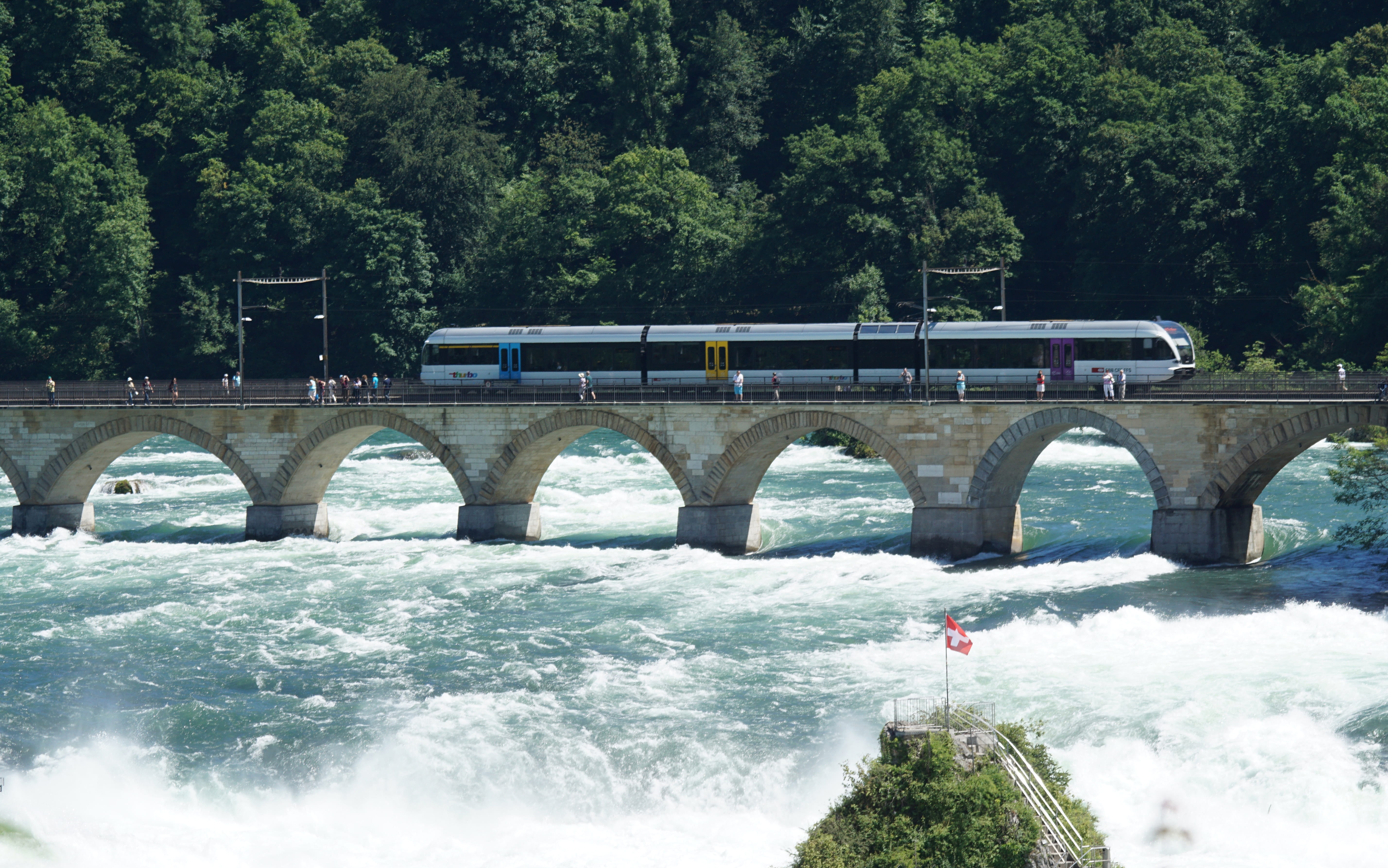connection, rock, the rock, motion, built structure, outdoors, schaffhausen, water mass, transportation, tree, nature, water, rhine, day, switzerland, plant, HD Wallpaper