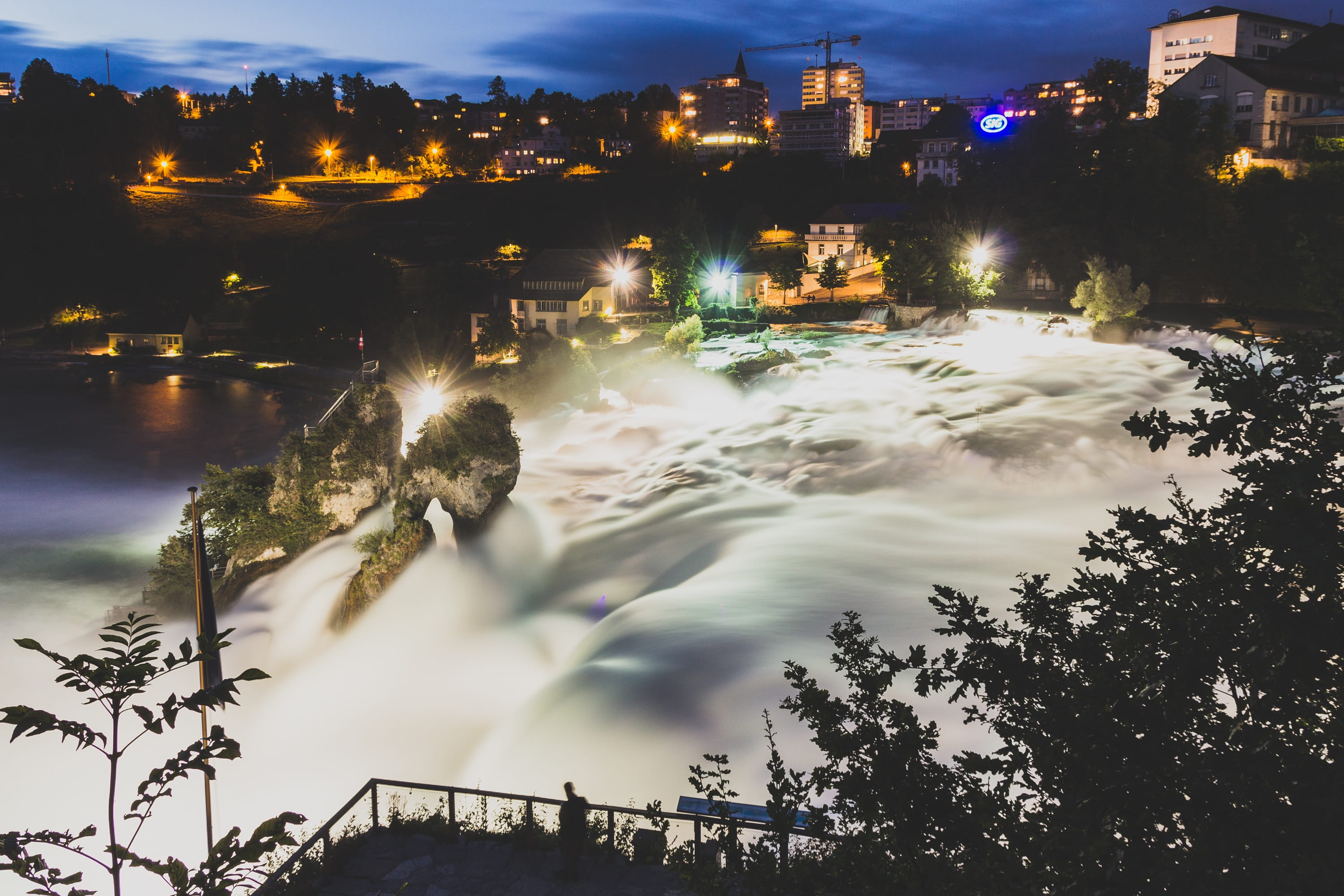 architecture, blurred motion, building, night, schaffhausen, sightseeing, tourism, River, landscape, Switzerland, cloud - sky, rhein, flowing, fall, no people, HD Wallpaper