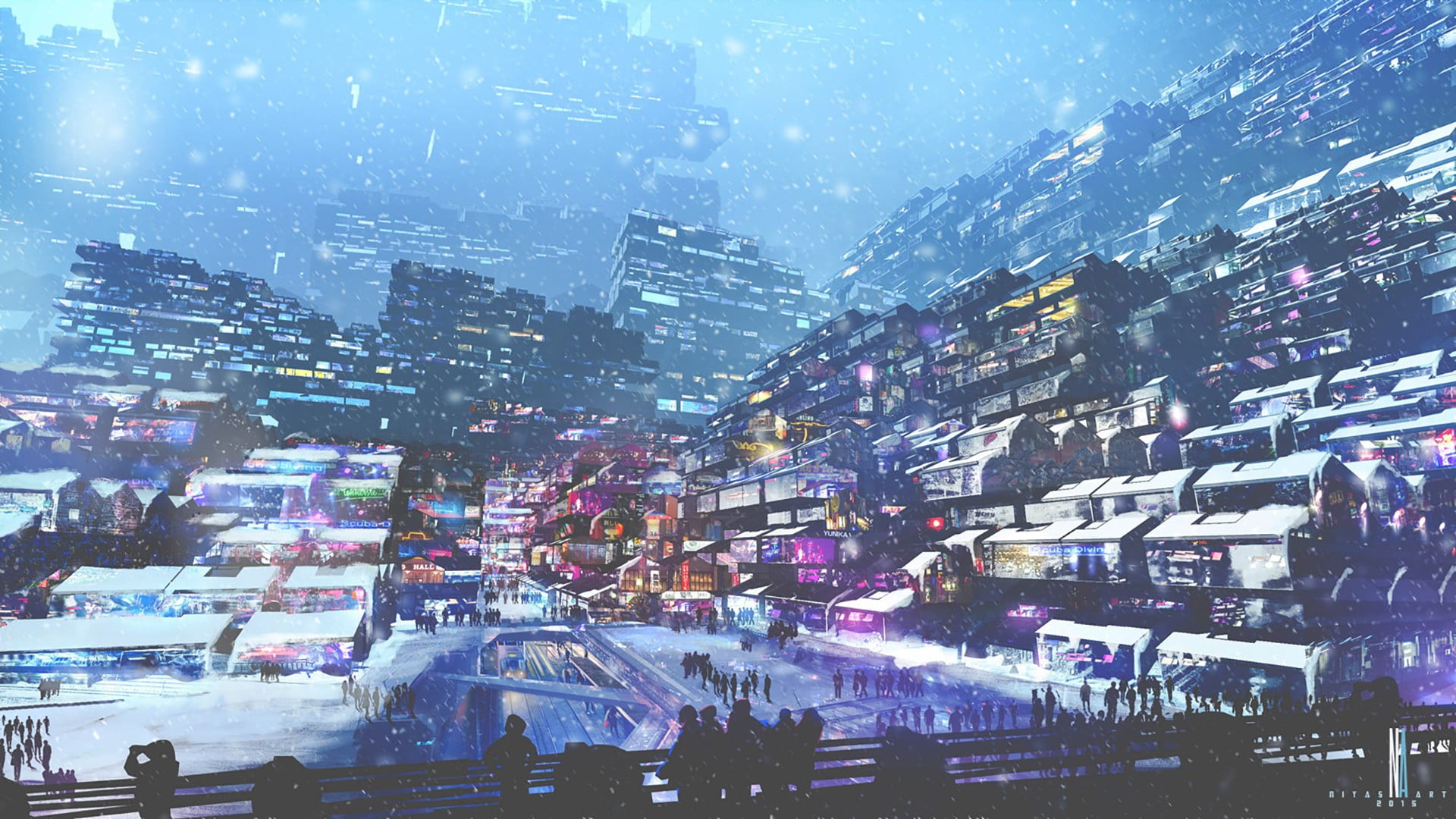 downtown District, dark, illuminated, digital art, business, motion, built Structure, famous Place, cyberpunk, skyscraper, crowd, travel, winter, building Exterior, HD Wallpaper