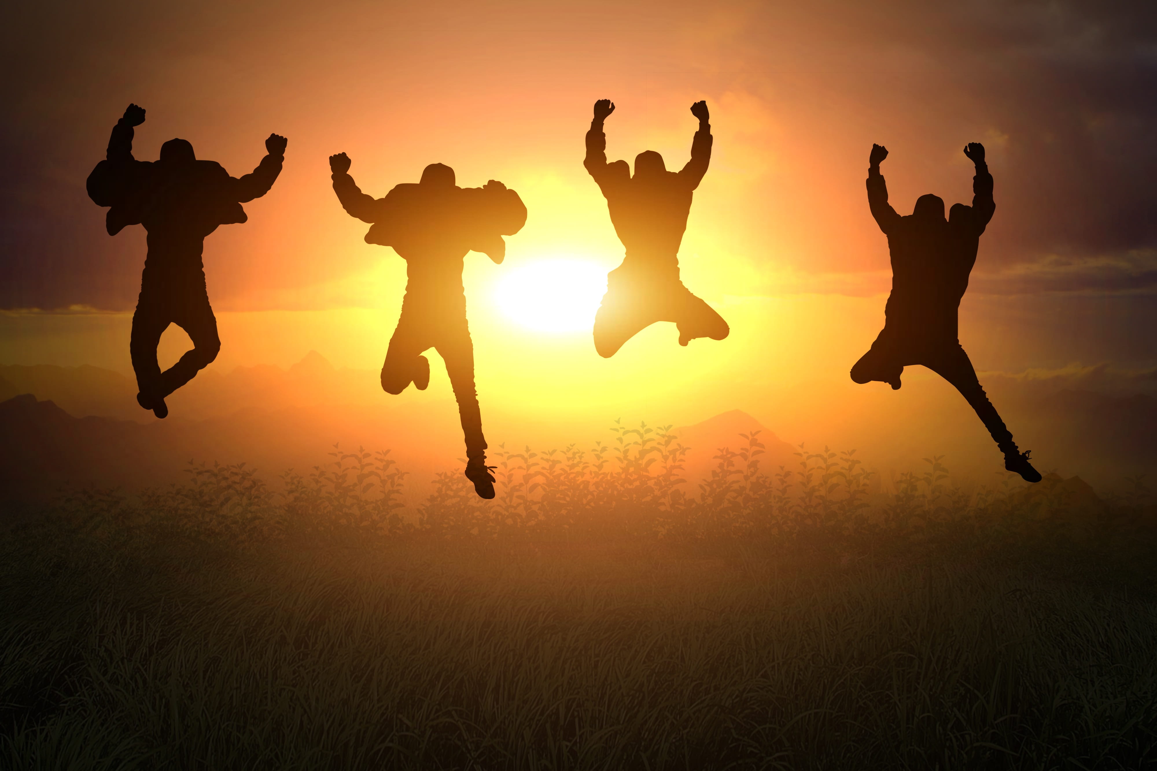 enjoyment, men, leisure activity, mid-air, real people, twilight, sky, people, silhouette, sunset, clouds, group of people, joy of living, mood, happy, HD Wallpaper