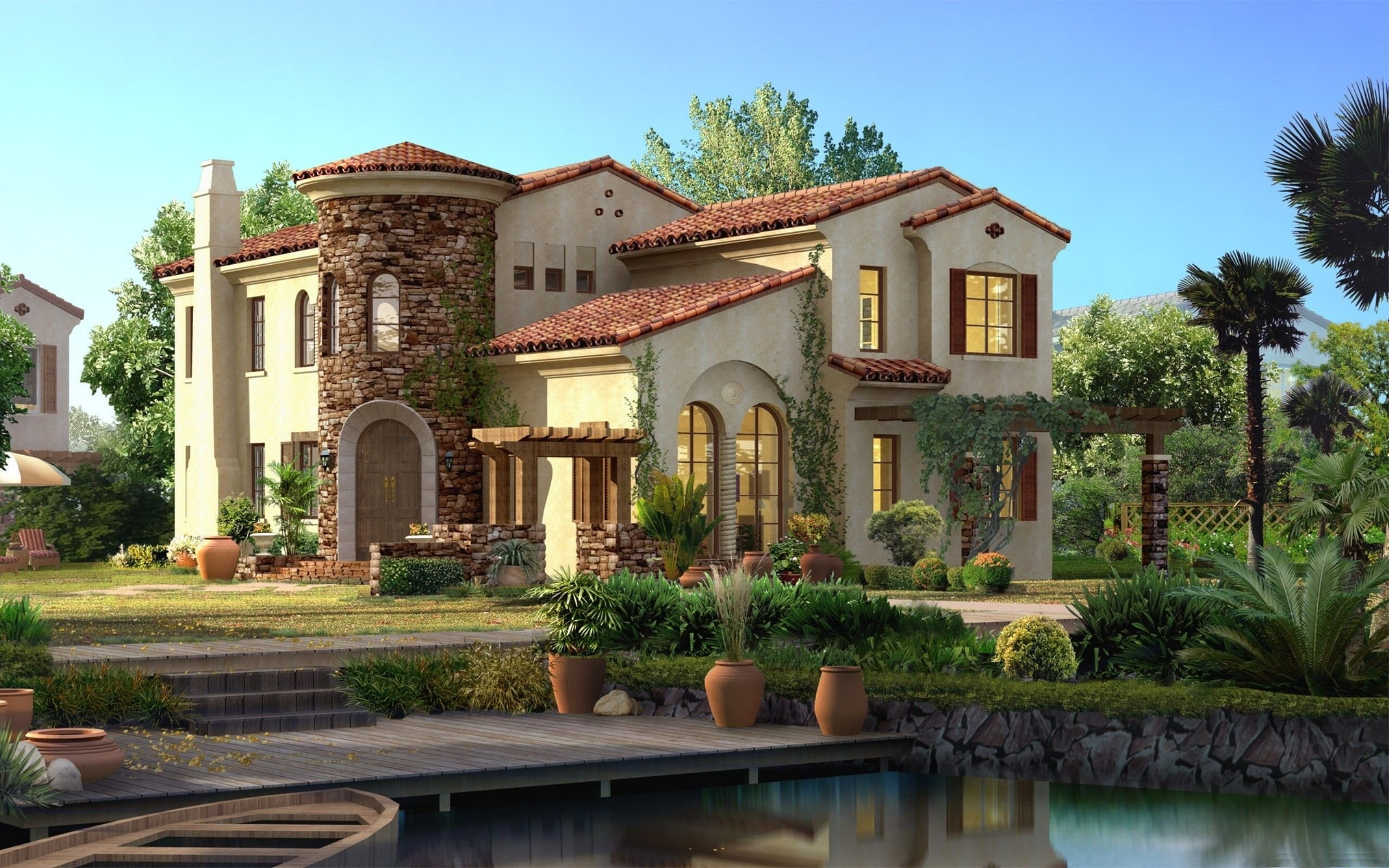 house, boat, the bushes, the sky, flowers, light, Windows, stones, pots, palm trees, 2K, water, HD Wallpaper
