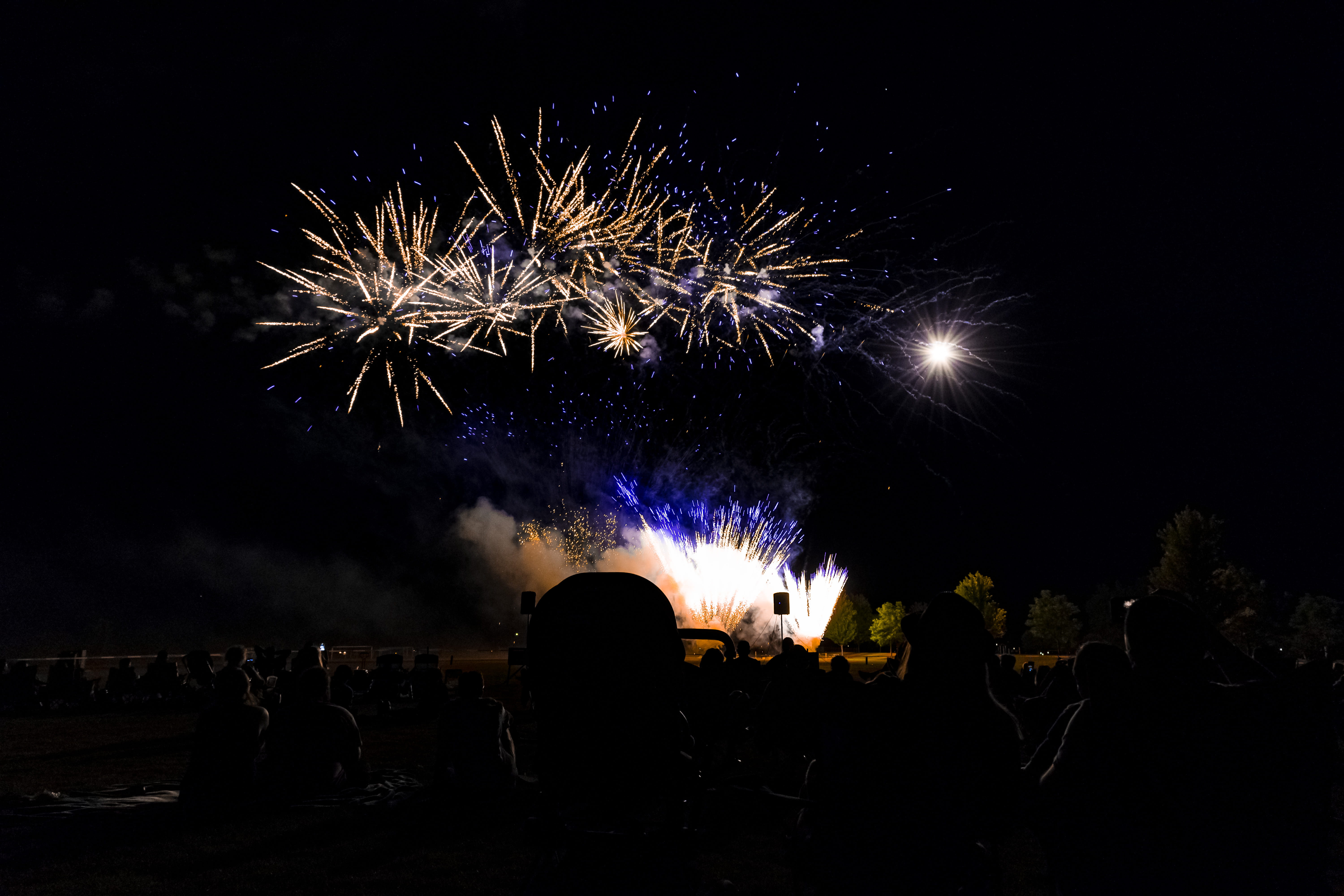 sky, celebrate, dark, positive emotion, sparks, festival, 5K, watching, outdoors, large group of people, crowd, silhouette, party, nature, fireworks display, HD Wallpaper