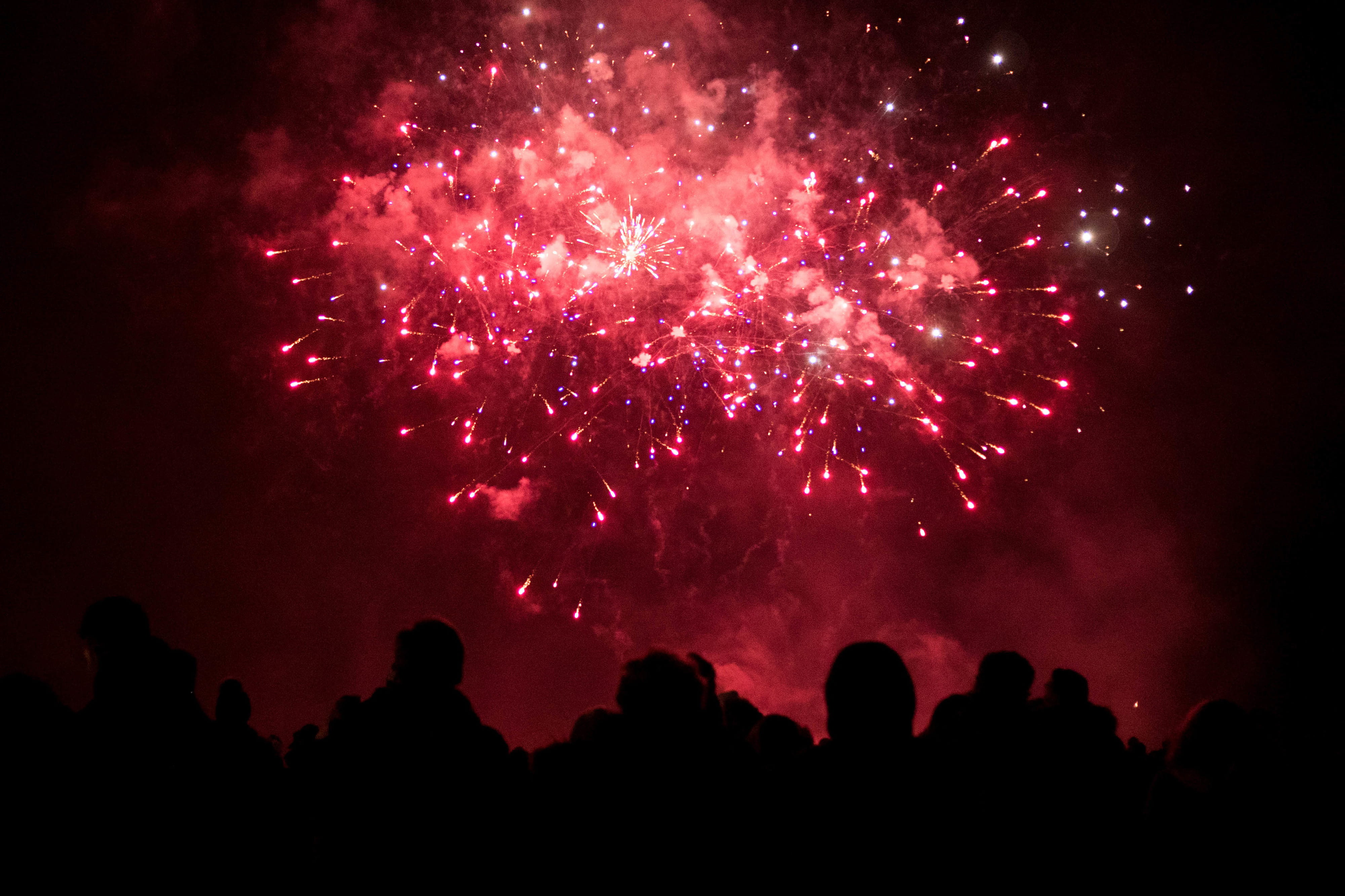 sky, star - Space, red, fireworks display, astronomy, motion, group of people, abstract, illuminated, fireworks, glowing, space, people, silhouette, dark, HD Wallpaper