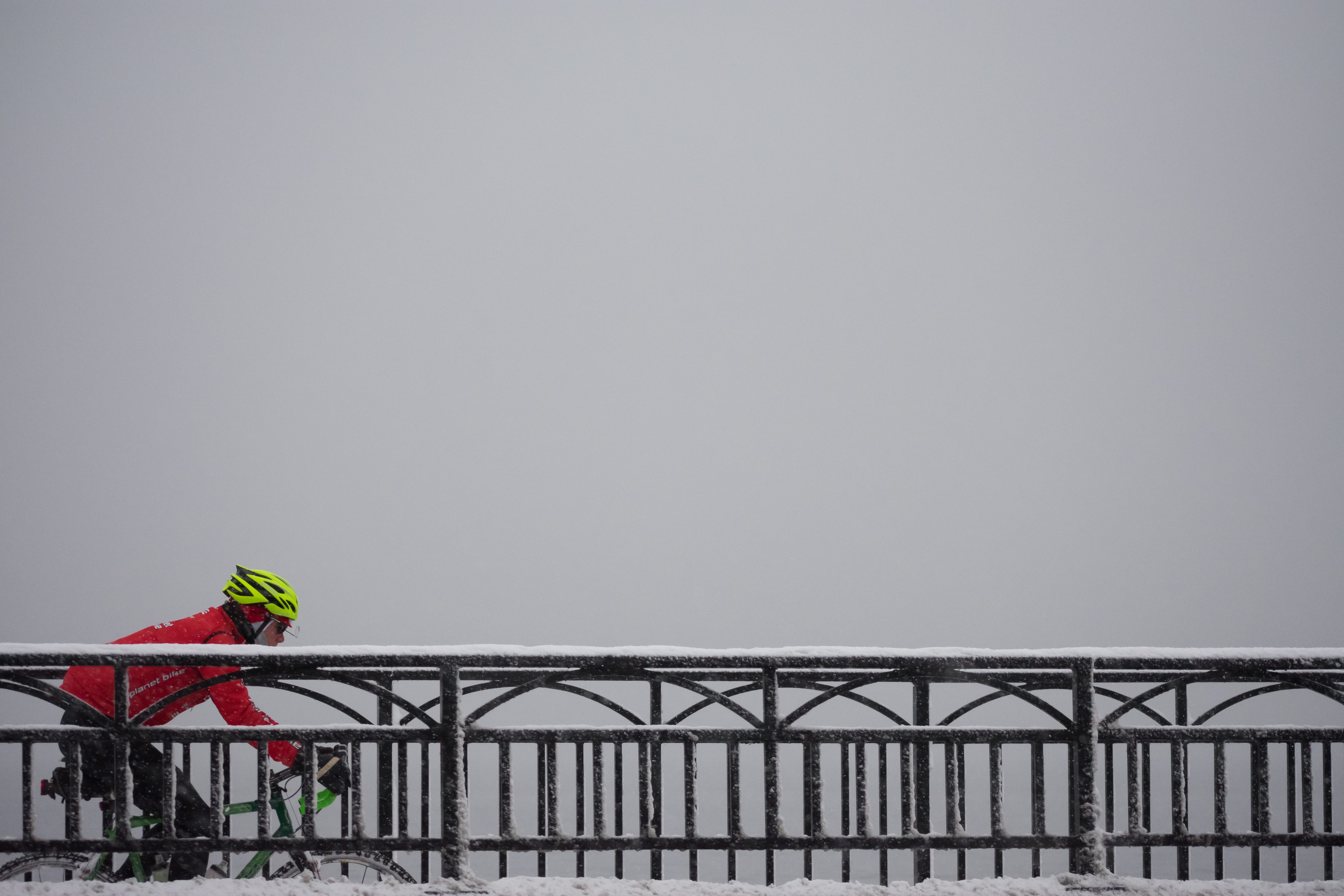 red, jacket, outdoors, cycling, cloudy, metal, copy space, no people, built structure, day, railing, clear sky, bicycle, fence, building exterior, person, HD Wallpaper