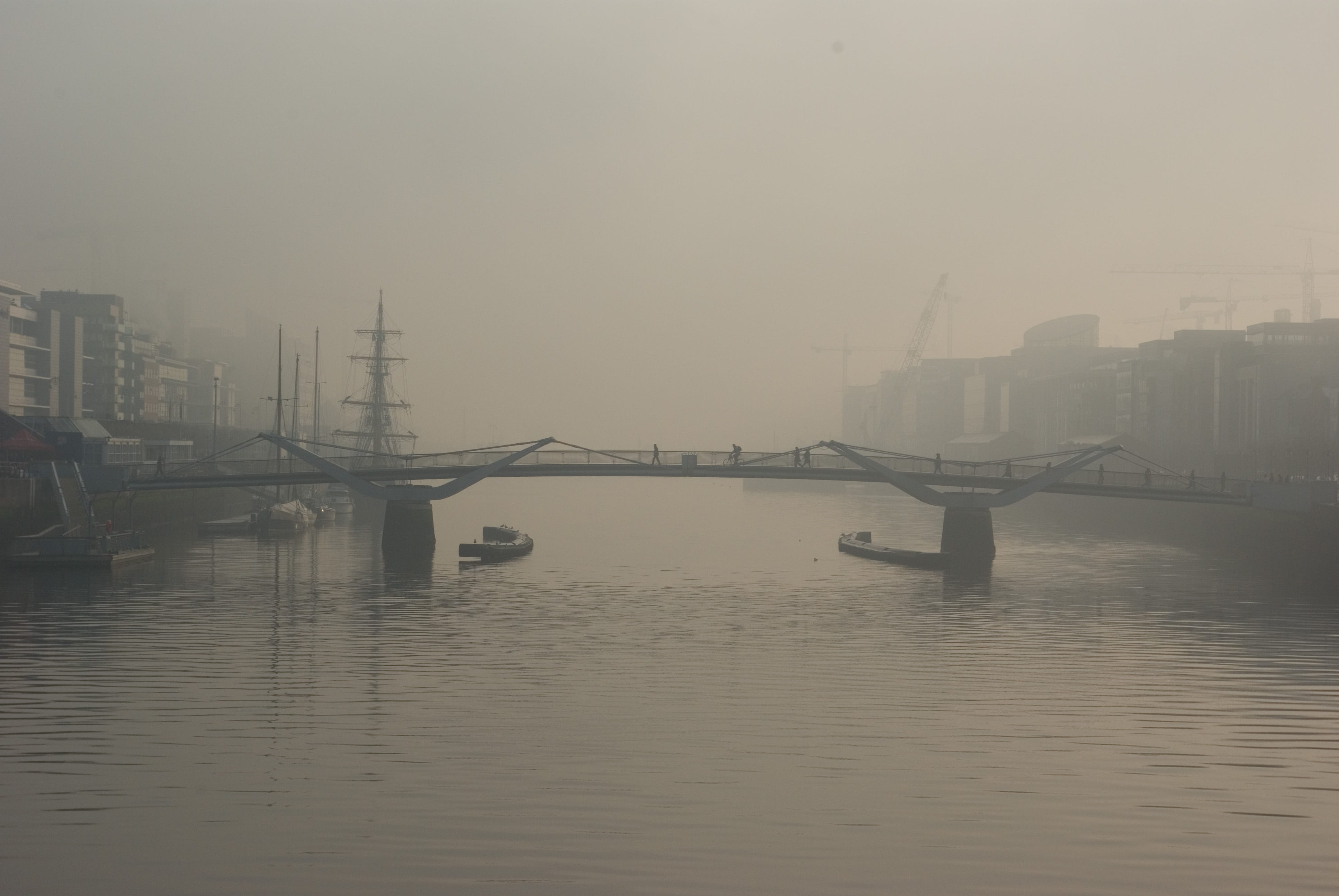 transportation, two, bridge, grey, boats, mode of transportation, outdoors, silhouette, bridge - man made structure, no people, foggy, mist, river, day, HD Wallpaper