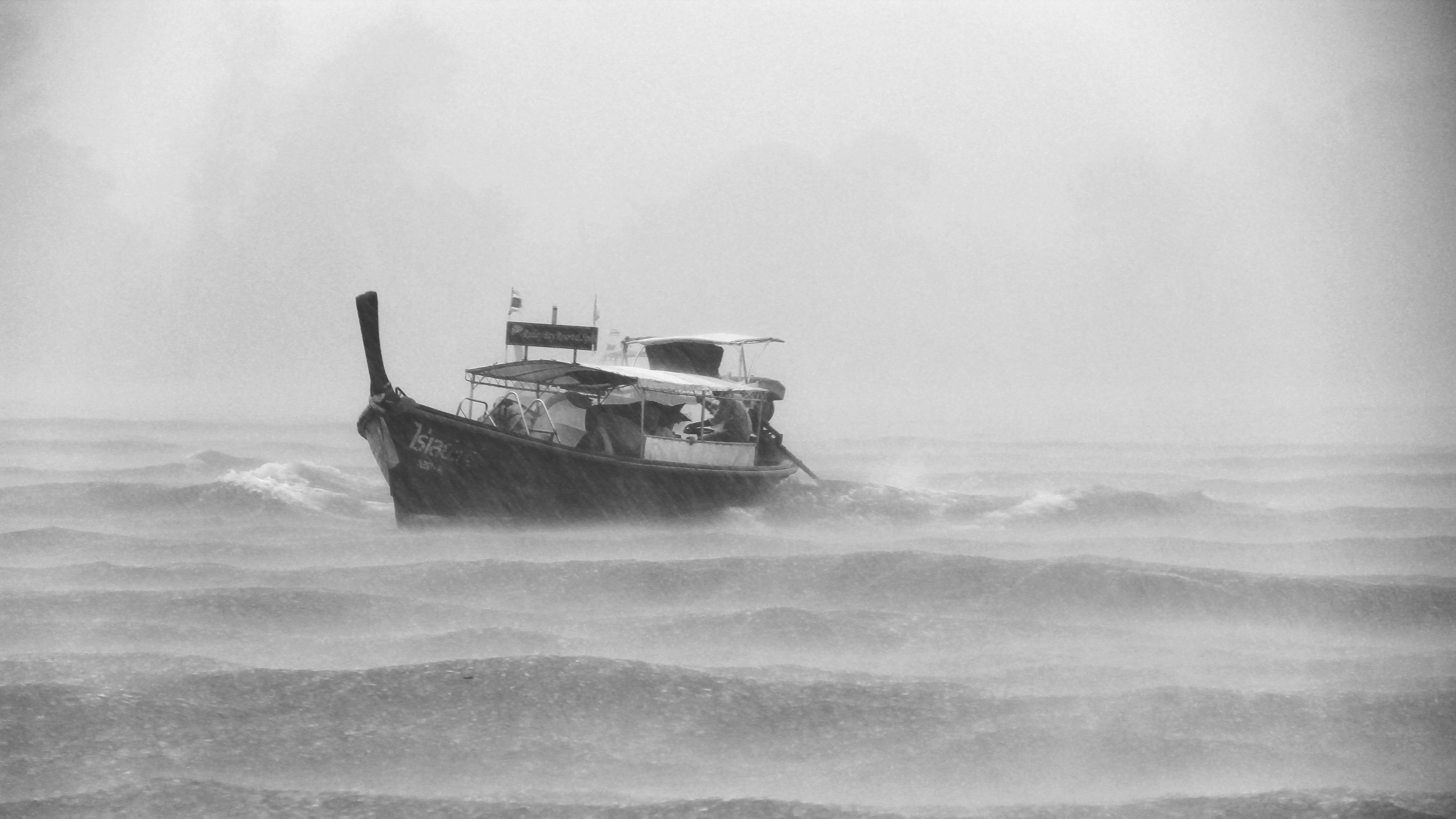 waves, still, passenger craft, scale, raining, mode of transport, middle, 5K, boat, nature, float, sailboat, no people, sinking, sky, splash, black and white, HD Wallpaper