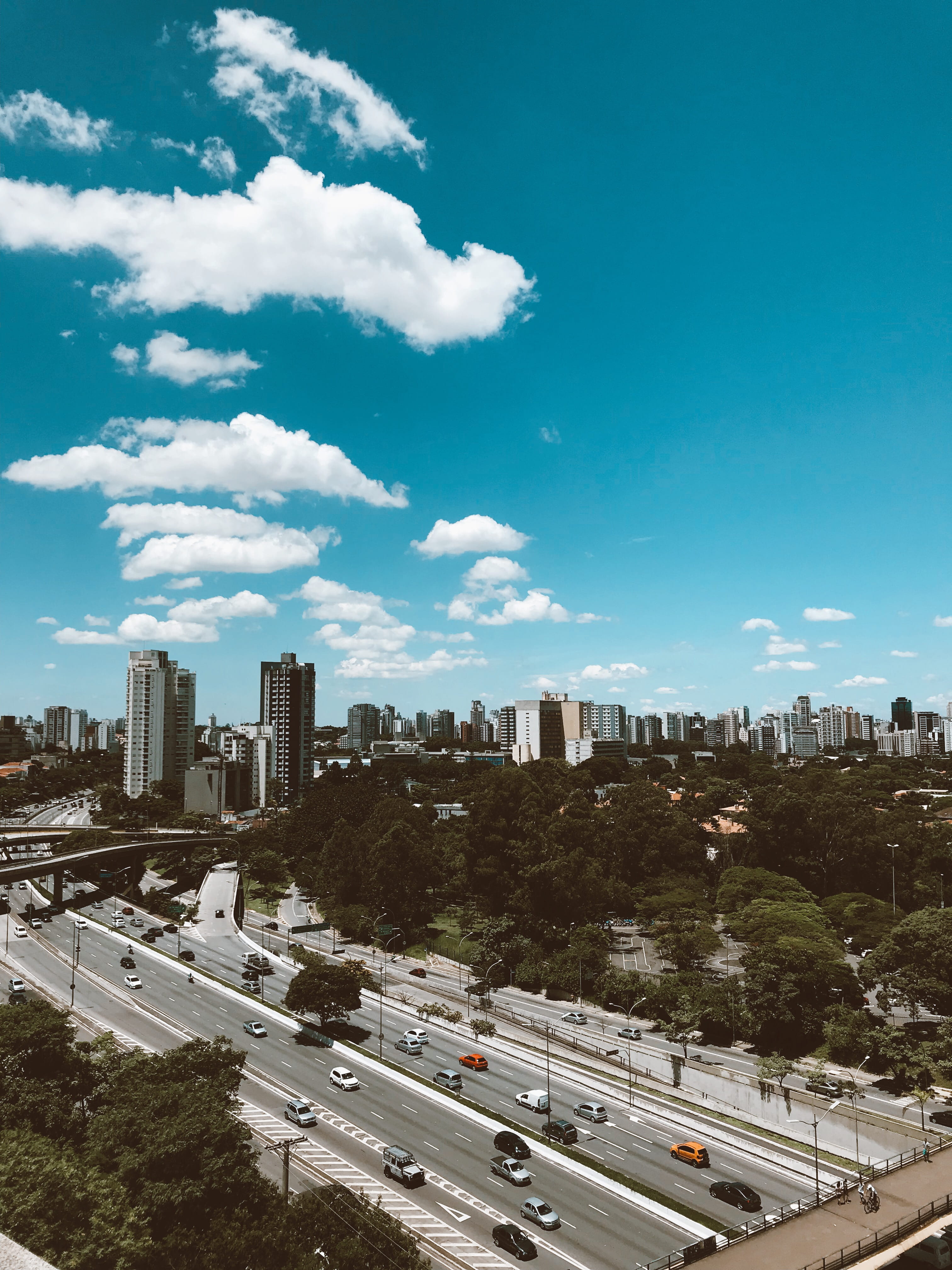 cloud - sky, high angle view, skyline, day, urban, buildings, transportation, transportation system, car, motor vehicle, 4K, roadway, outdoors, asphalt, Phone HD Wallpaper