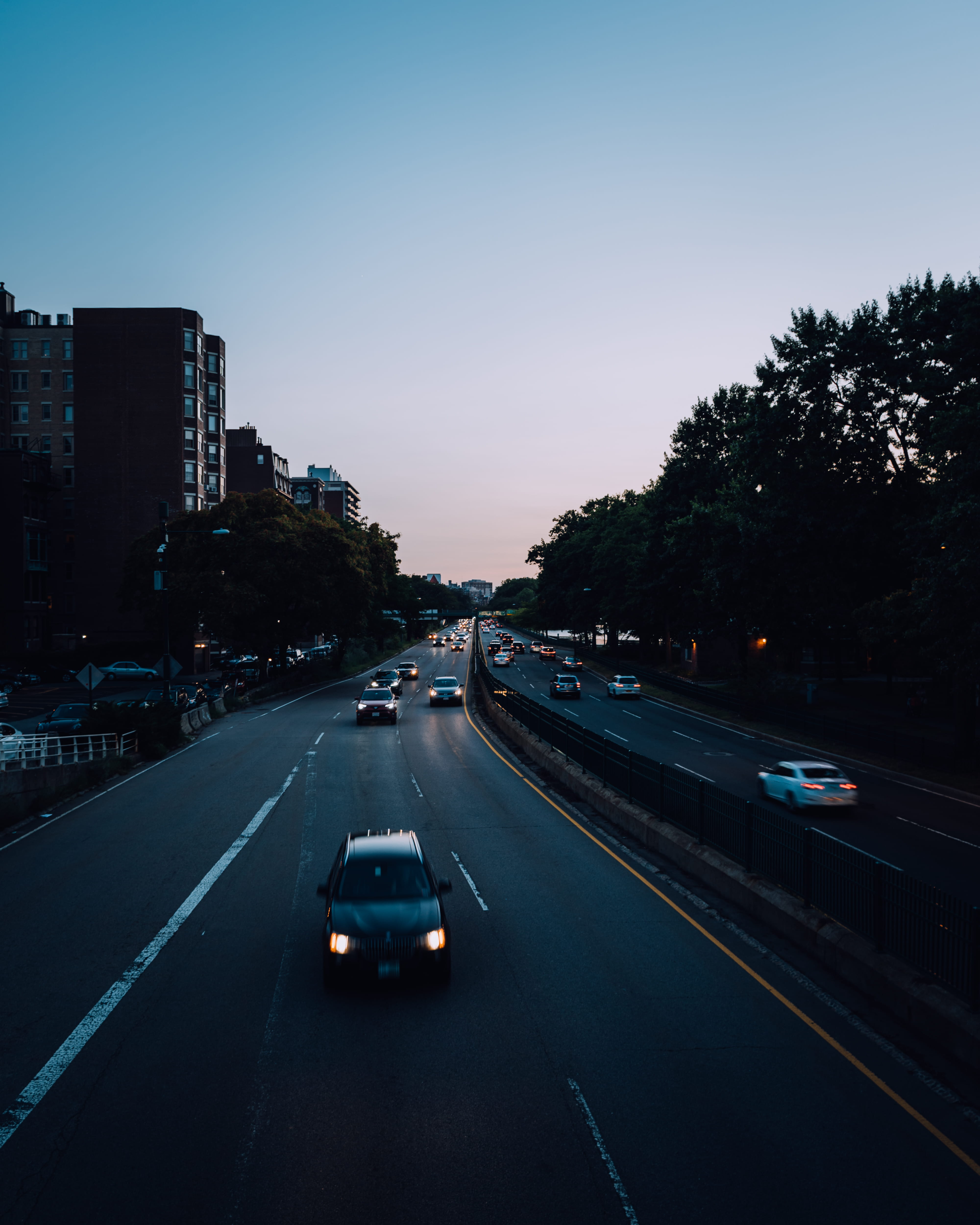 motion, dusk, headlight, gradient, blue, land vehicle, bridge, car, marking, tree, street, boston, highway, nature, evening, architecture, traffic, urban, Phone HD Wallpaper