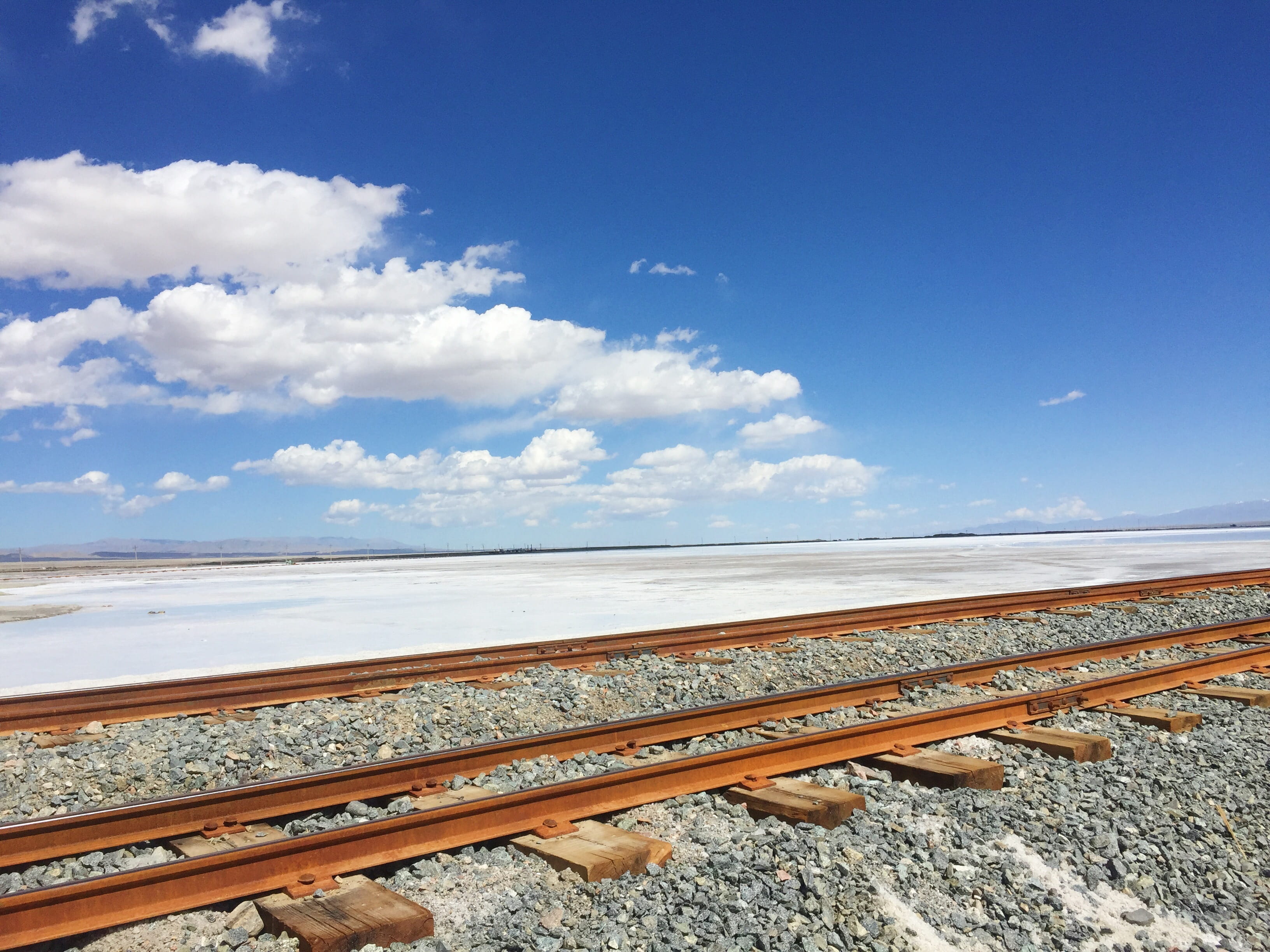 blue, track, outdoors, Caka, caka salt lake, Railway, sky, Salt Lake, cloud - sky, no people, Qinghai, transportation, 2K, beauty in nature, water, salt flat, HD Wallpaper