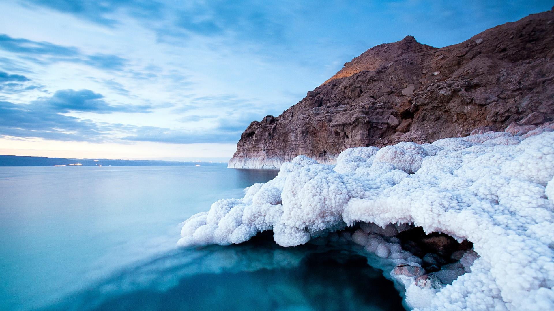 sea, scenics - nature, formation, ice, nature, environment, blue, cliff, coast, dead sea, cold temperature, jordan, beauty in nature, tranquility, saltwater lake, HD Wallpaper