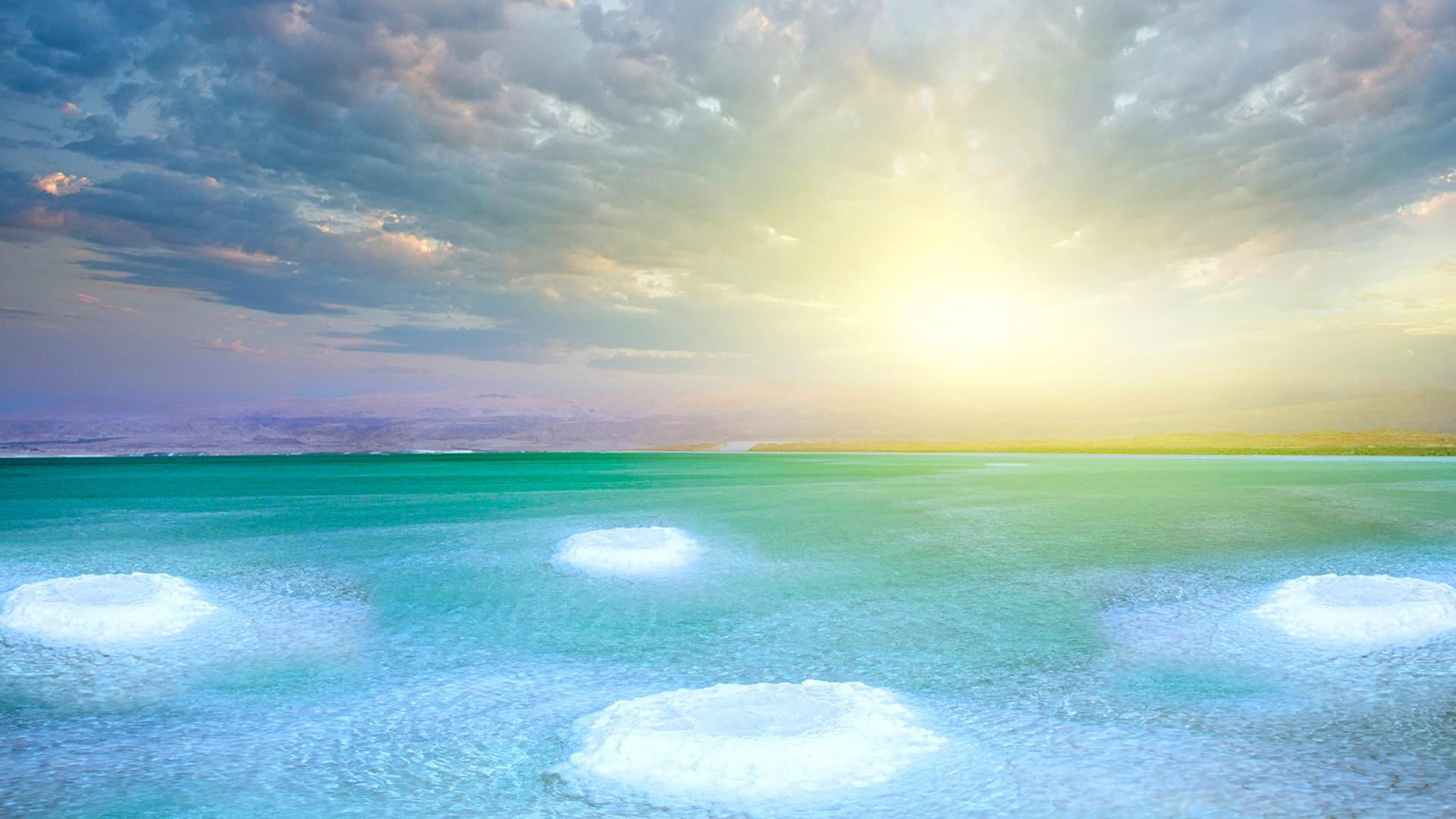 bright, dead salt sea, sunset, turquoise colored, cloud, no people, sunlight, israel, 1080P, water, tranquil scene, tranquility, calm, sea, morning, nature, HD Wallpaper