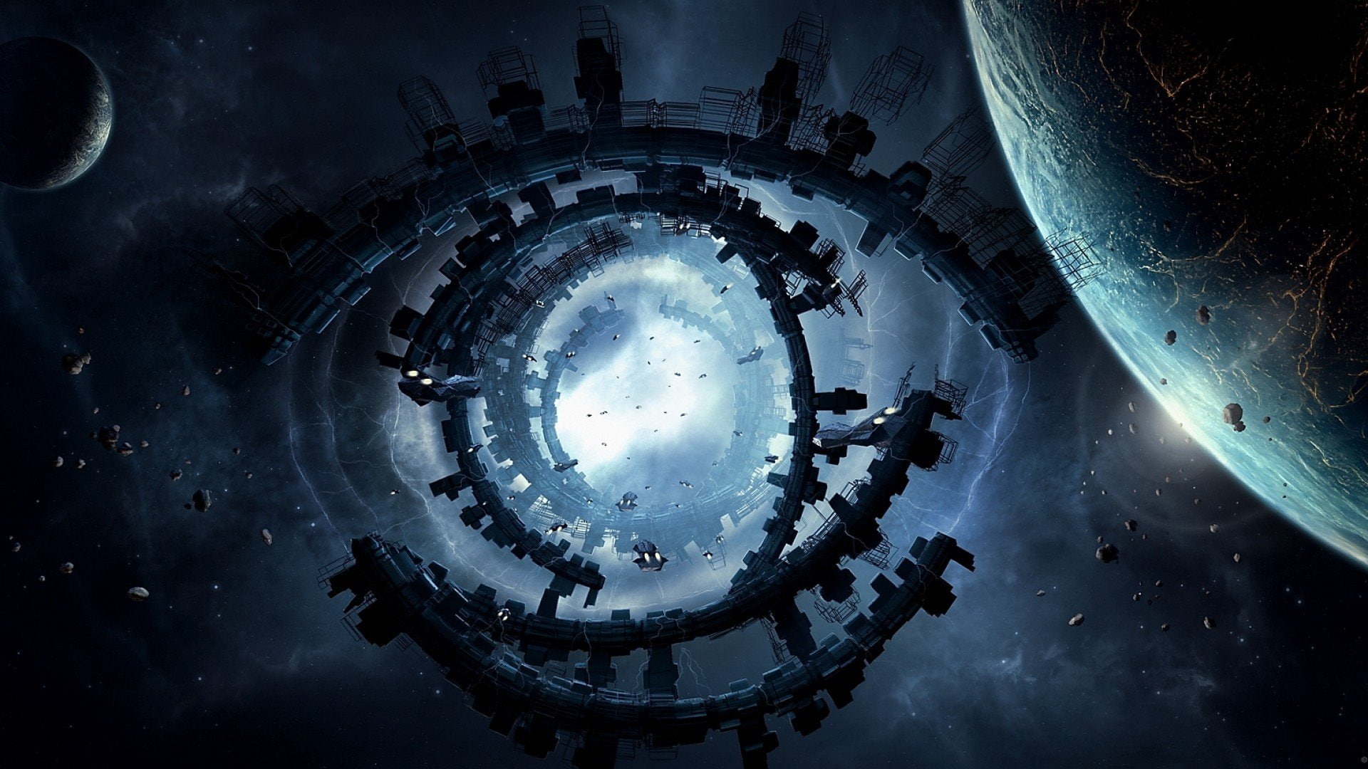 sphere, aggression, space, Big, fish-eye lens, aerial view, outdoors, built structure, globe - man made object, sea, directly below, planet - space, night, HD Wallpaper
