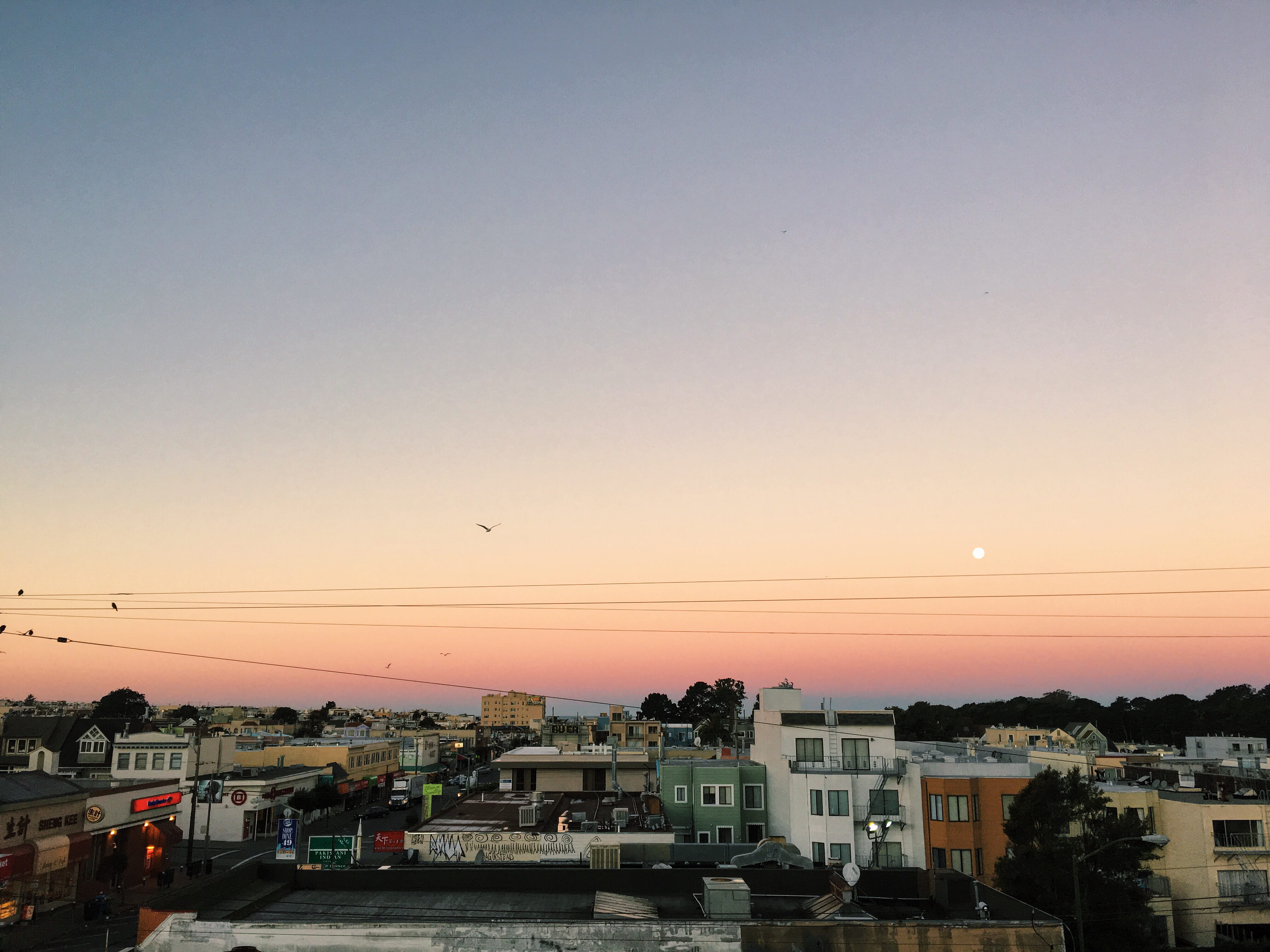 outer sunset, building, clear sky, pacific, orange color, 4K, city, no people, cityscape, mode of transportation, sunrise, water, beauty in nature, copy space, HD Wallpaper
