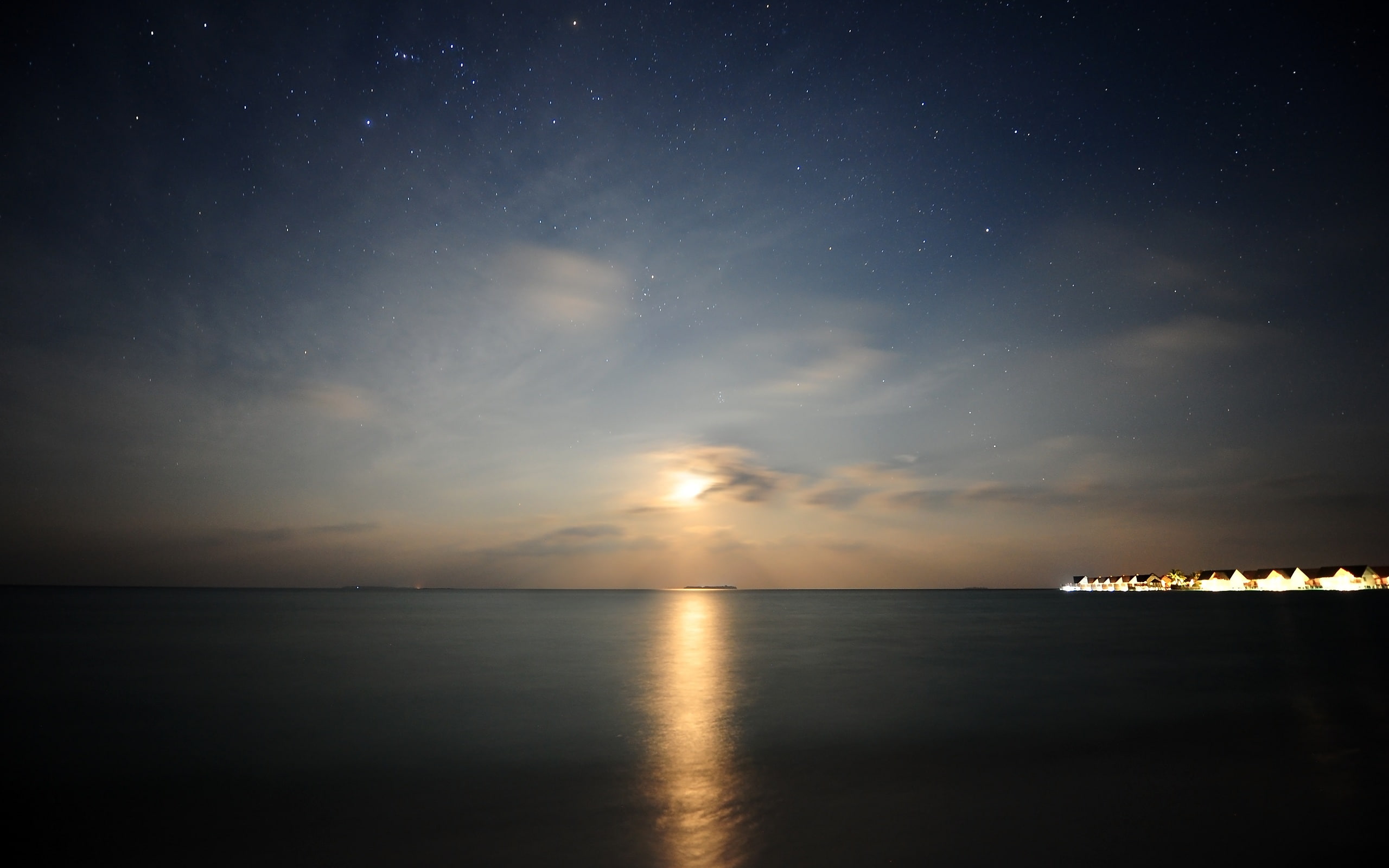 Night, Ocean, Cloud, Reflection, Moonset, Sunset, Nature, Earth, Hotel, 2K, Light, HD Wallpaper