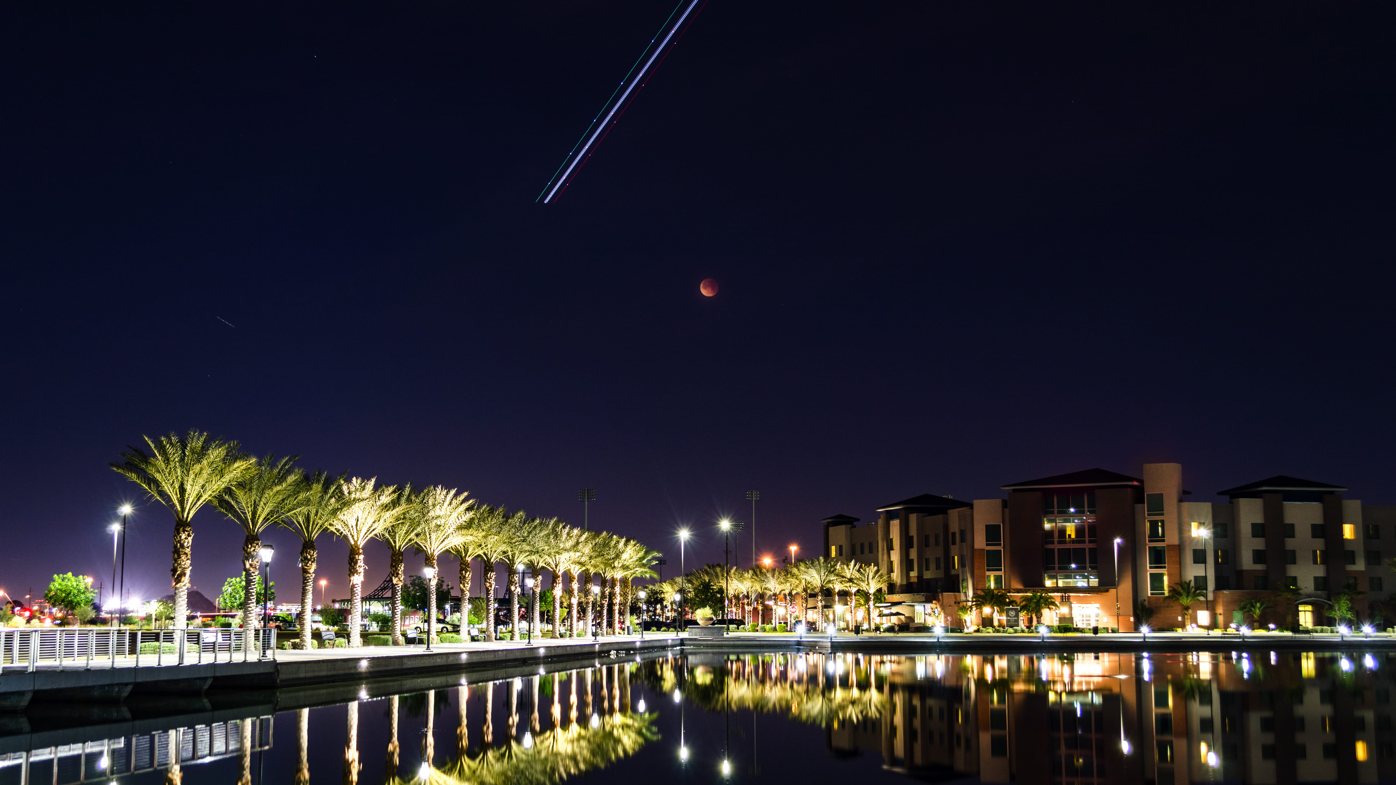modern, lake, no people, reflection, sky, night, blue moon, mesa, 5K, moon, az, city, super blue blood moon, tree, built structure, cityscape, nature, HD Wallpaper