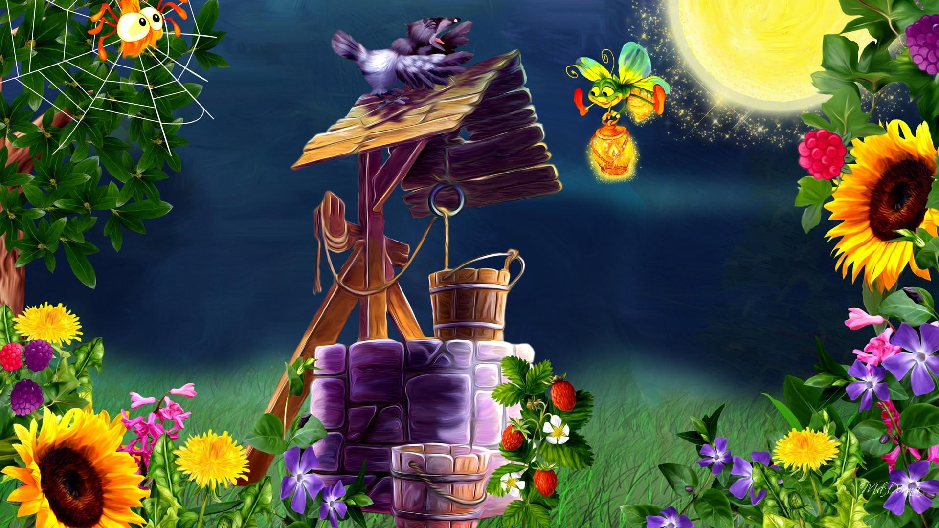 strawberries, bugs, bird, sun, bright, illustration, grass, faspberries, lights, lawn, brown, 1080P, well, purple, spring, green, berries, full moon, wishing well, HD Wallpaper