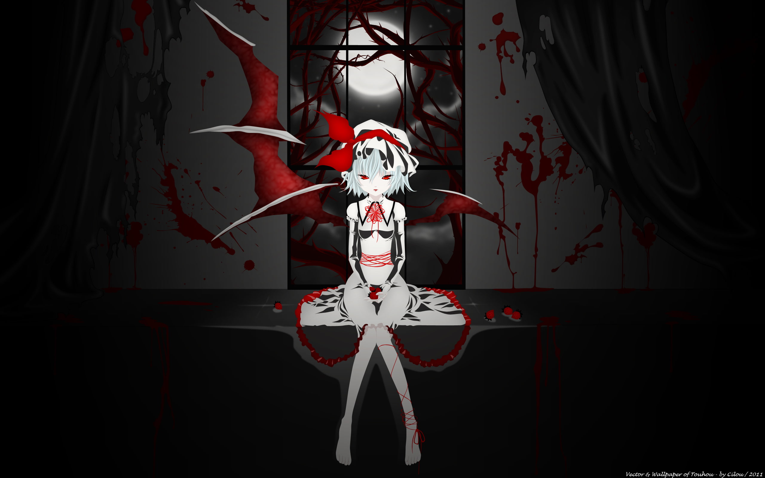 red, vector, dark, touhou, vampire, scarlet, fruit, wings, remilia, dress, blood, white, eyes, ribbons, strawberry, hair, moon, barefoot, 2K, HD Wallpaper